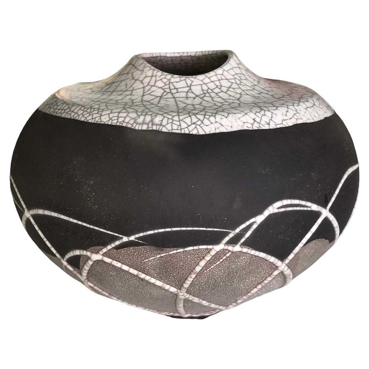 Organic Modern Crackle Glaze Raku Pottery Vase by Tony Evans 1970s California