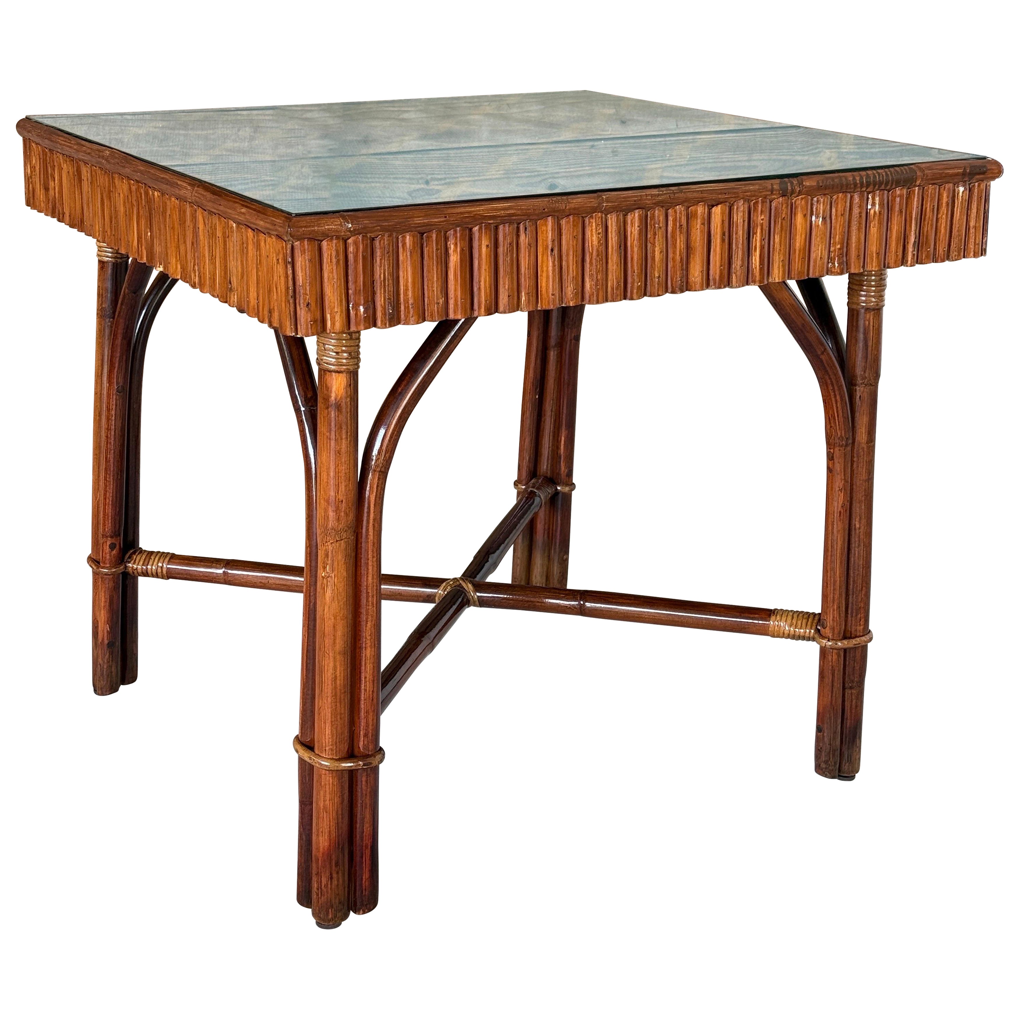 Organic Modern Custom Split Rattan Game Table With Lift-Top, Thibaut Grasscloth