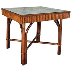 Organic Modern Custom Split Rattan Game Table With Lift-Top, Thibaut Grasscloth