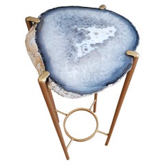 Organic Modern Dark Blue and White Geode Drink Table with Gold Gilt Base