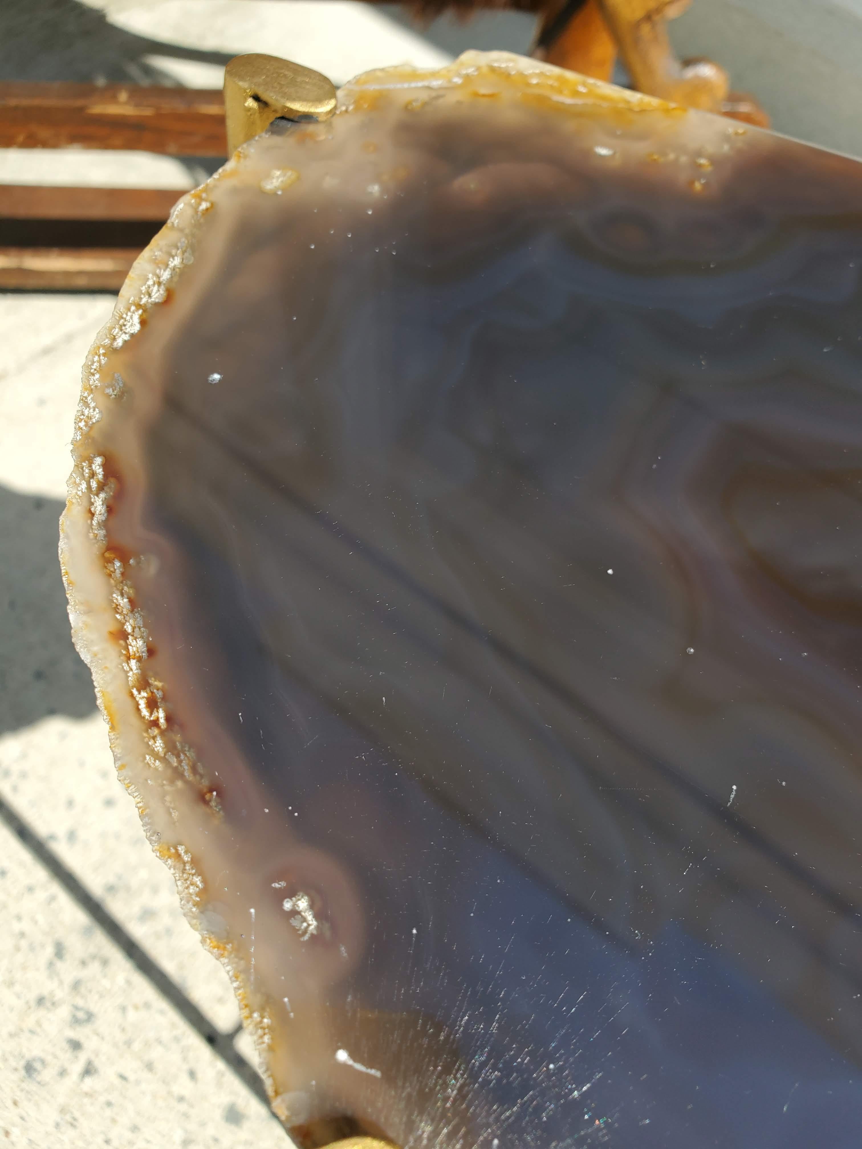 Organic Modern Dark Blue & Brown Geode Drink Table with Gold Gilt Base In Good Condition In Middleburg, VA