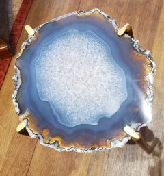 Organic Modern Dark Blue with Copper Color Geode Drink Table with Gold Gilt Base