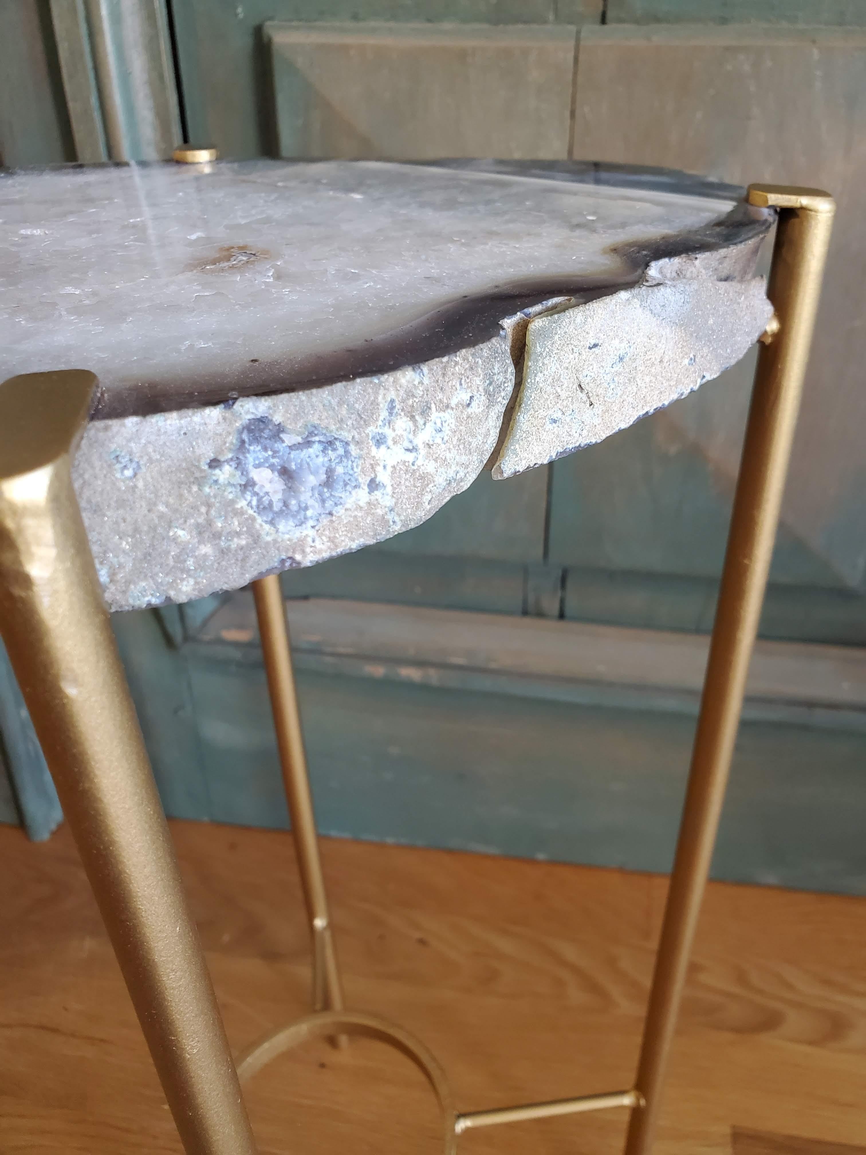 Steel Organic Modern Dark Blue with White Center Geode Drink Table with Gold Gilt Base