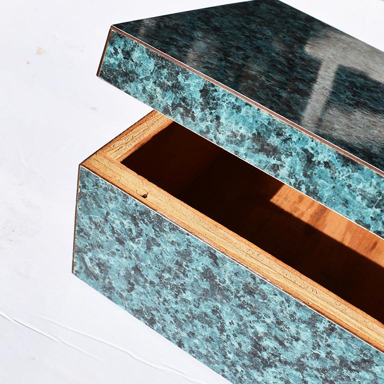 American Organic Modern Decorative Rectangular Green Malachite Stone Look Wood Box For Sale