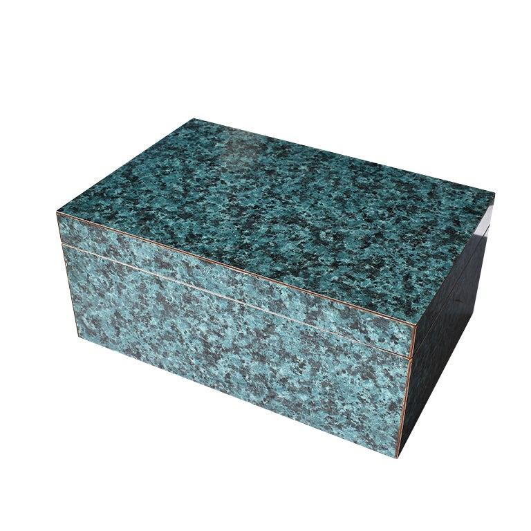 Organic Modern Decorative Rectangular Green Malachite Stone Look Wood Box For Sale