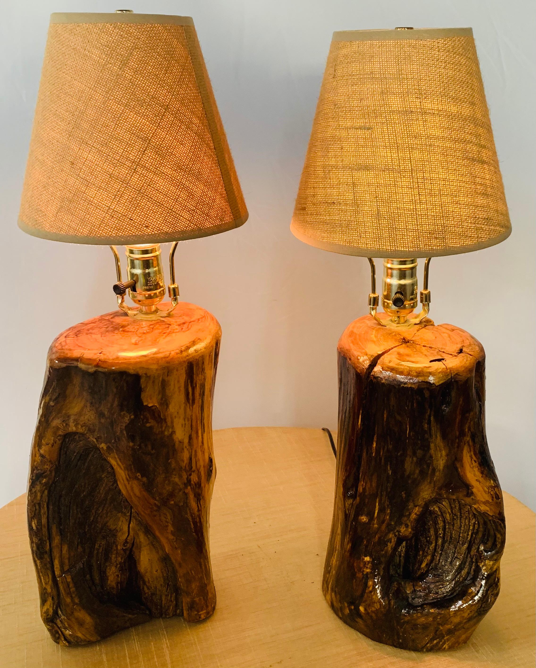 An exquisite handmade pair of organic modern design table lamps. Hand carved of high quality maple wood logs, the table lamps features original natural burl with a shiny lacquer finish. the rustic table lamps are highly decorative and would add