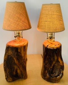 Organic Modern Design Maple Wood Table Lamps, a Pair