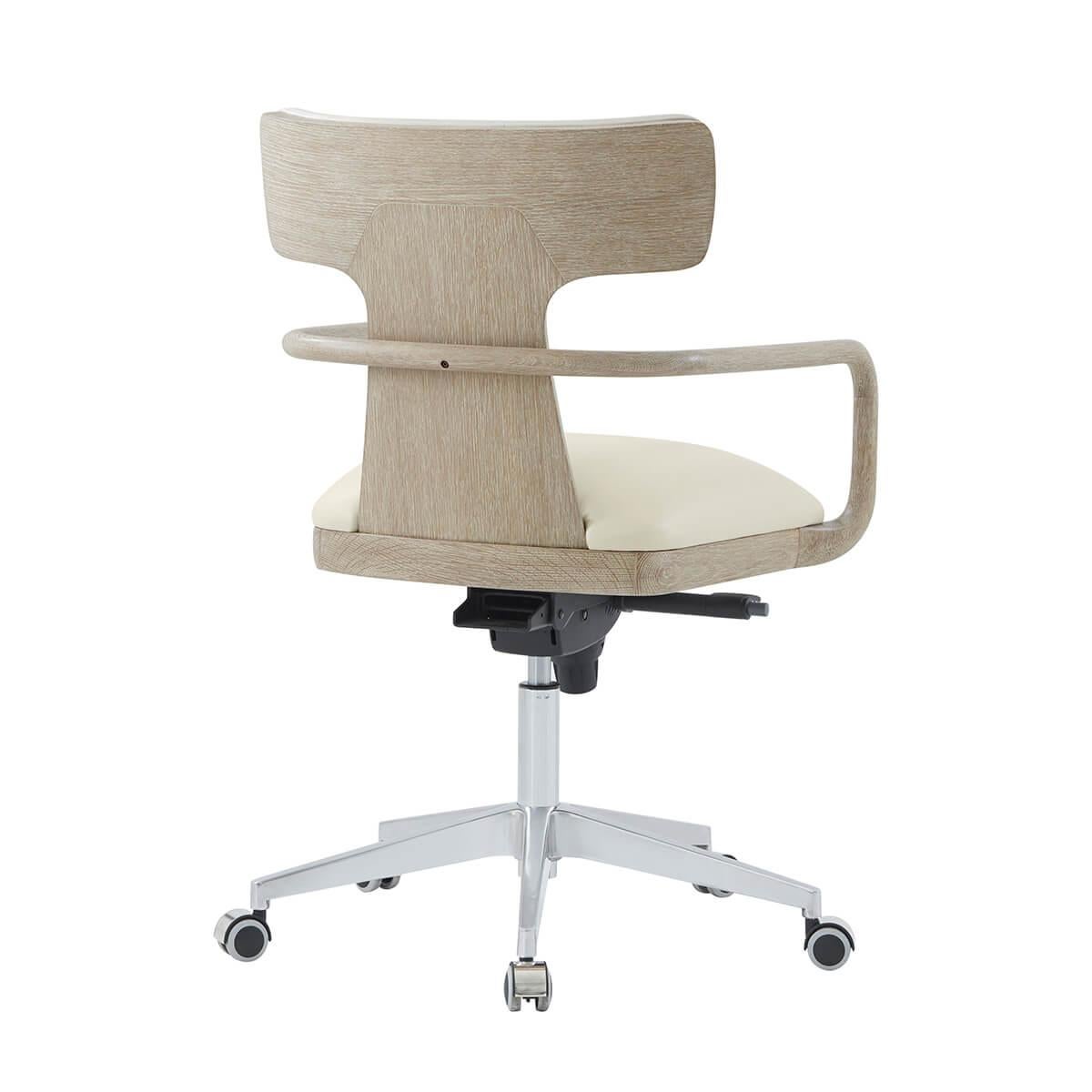 With natural wood bent arms curved and flowing from around the back and gracefully merging into the base as if it were one solid piece. The adjustable height and swivel chair is completed with a firmly upholstered seat and sturdy base with durable