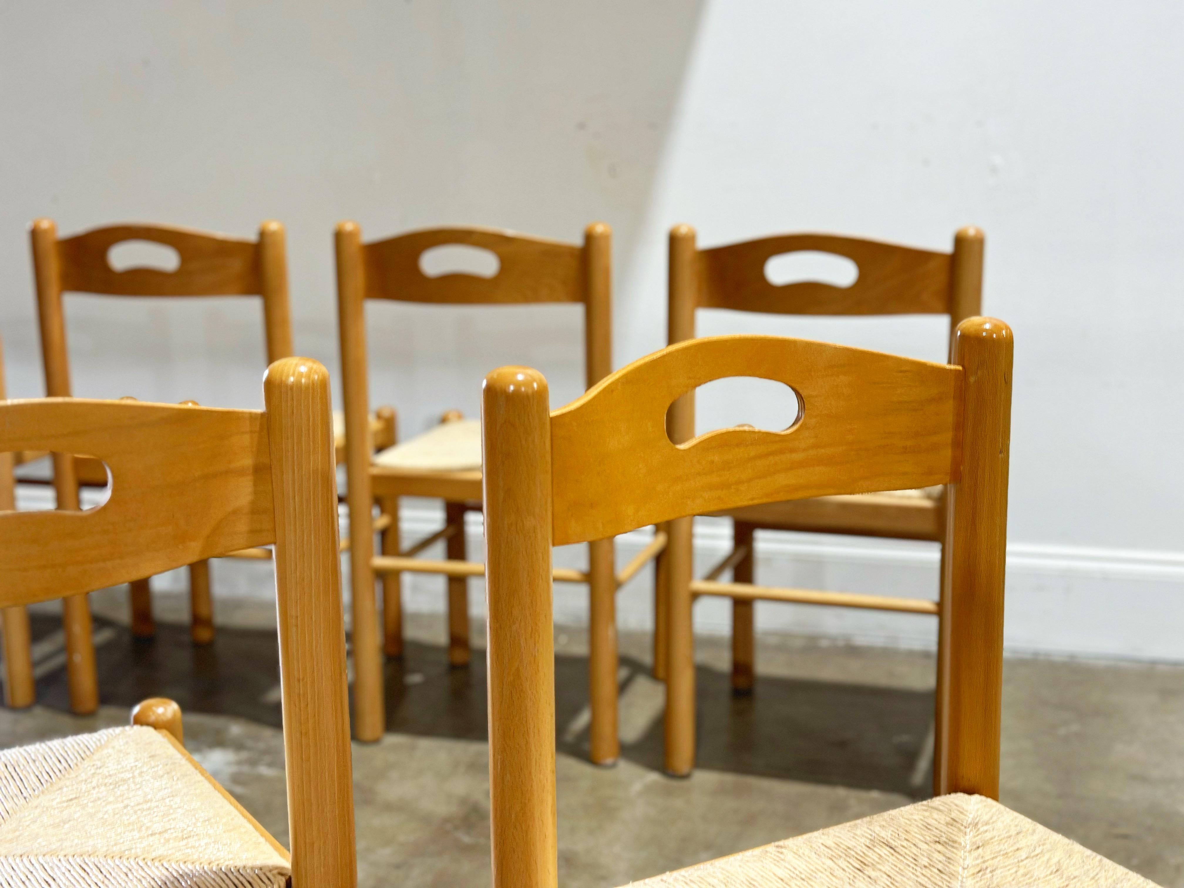 Vintage organic / post modern dining chairs, Italy circa 1980s. Set of six (6).
Solid birch frames with woven rush seats.

Excellent original condition - this set looks to have been hardly, if ever used.
Frames are sound and sturdy - rush seats are