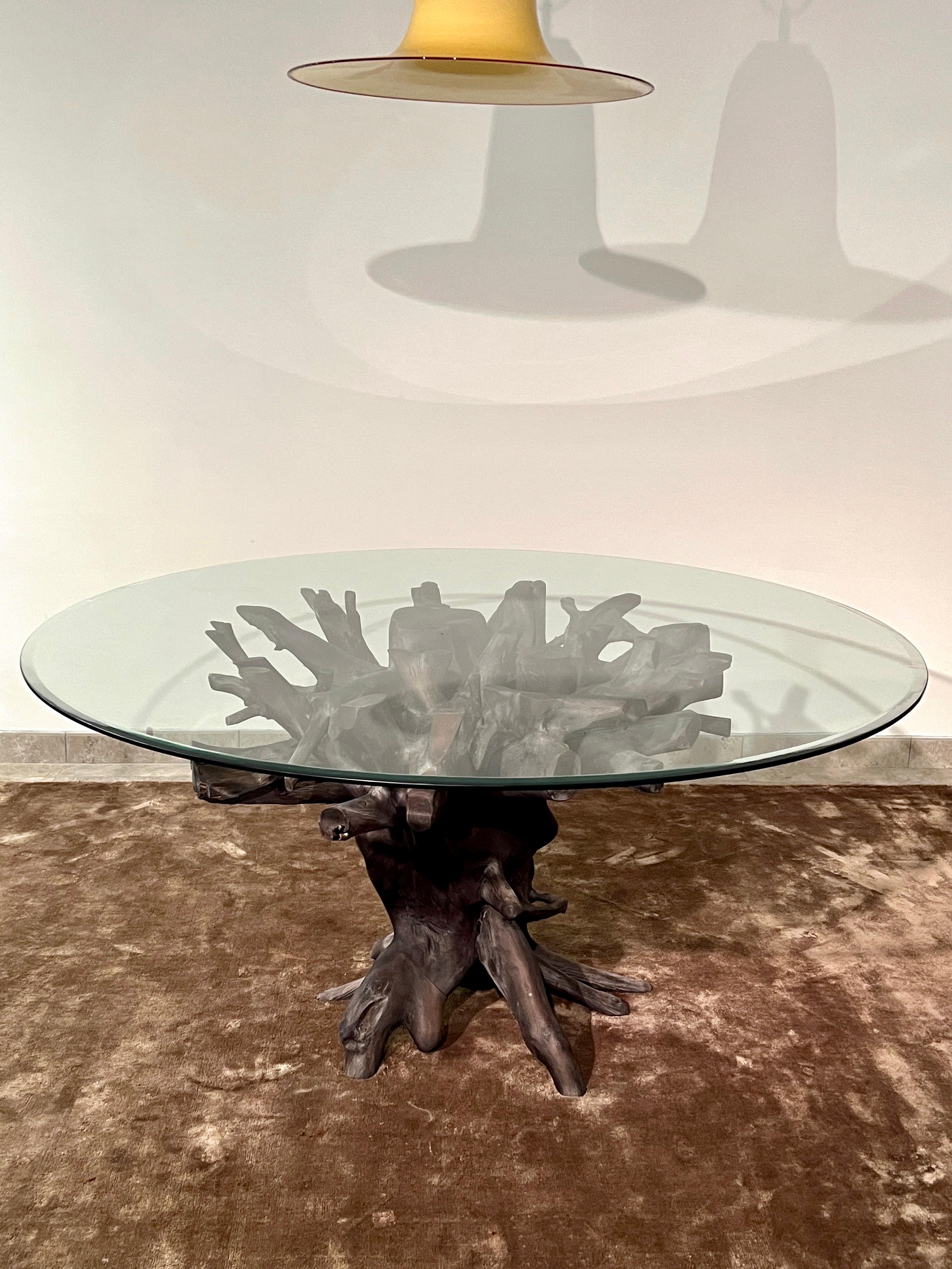 Contemporary Dining Table in Charred Teak Root Wood and Glass, Indonesia For Sale
