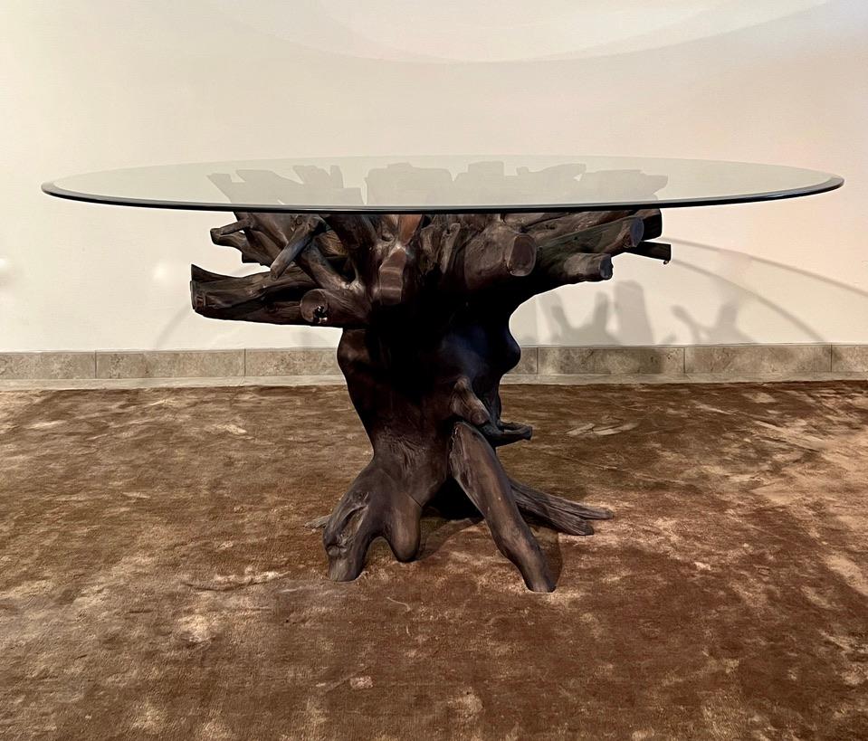 Beveled Dining Table in Charred Teak Root Wood and Glass, Indonesia For Sale