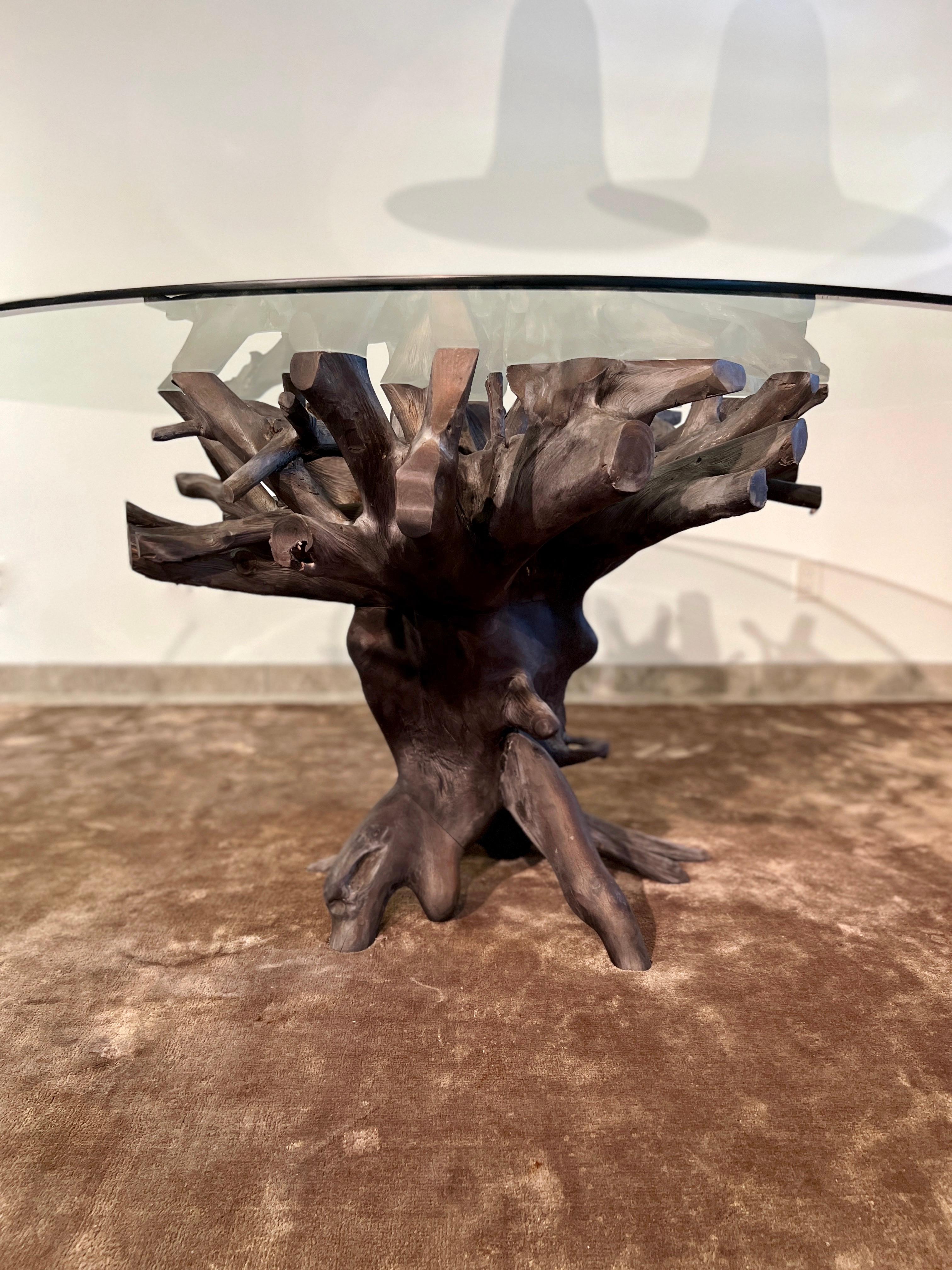 Dining Table in Charred Teak Root Wood and Glass, Indonesia For Sale 2