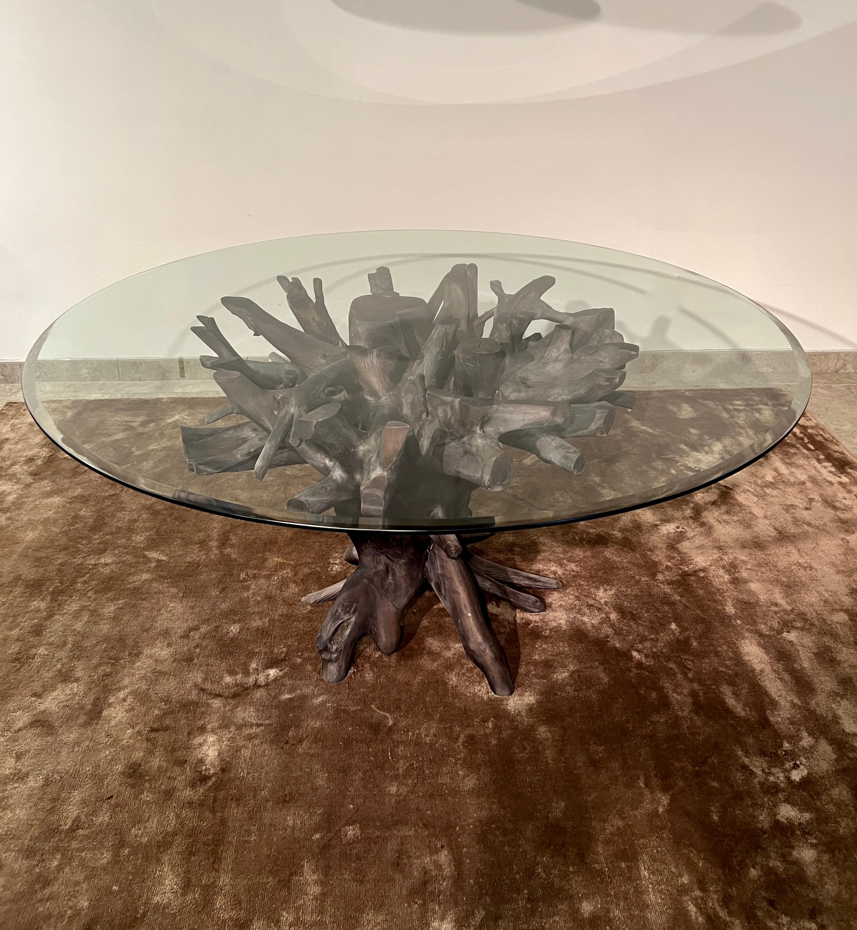 Dining Table in Charred Teak Root Wood and Glass, Indonesia For Sale 1