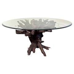 Organic Modern Dining Table in Charred Teak Root Wood and Glass, Indonesia