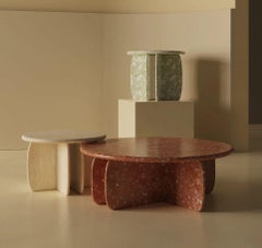 Organic Modern Dinner Table Catus in Red Terrazzo and Travertine Marble