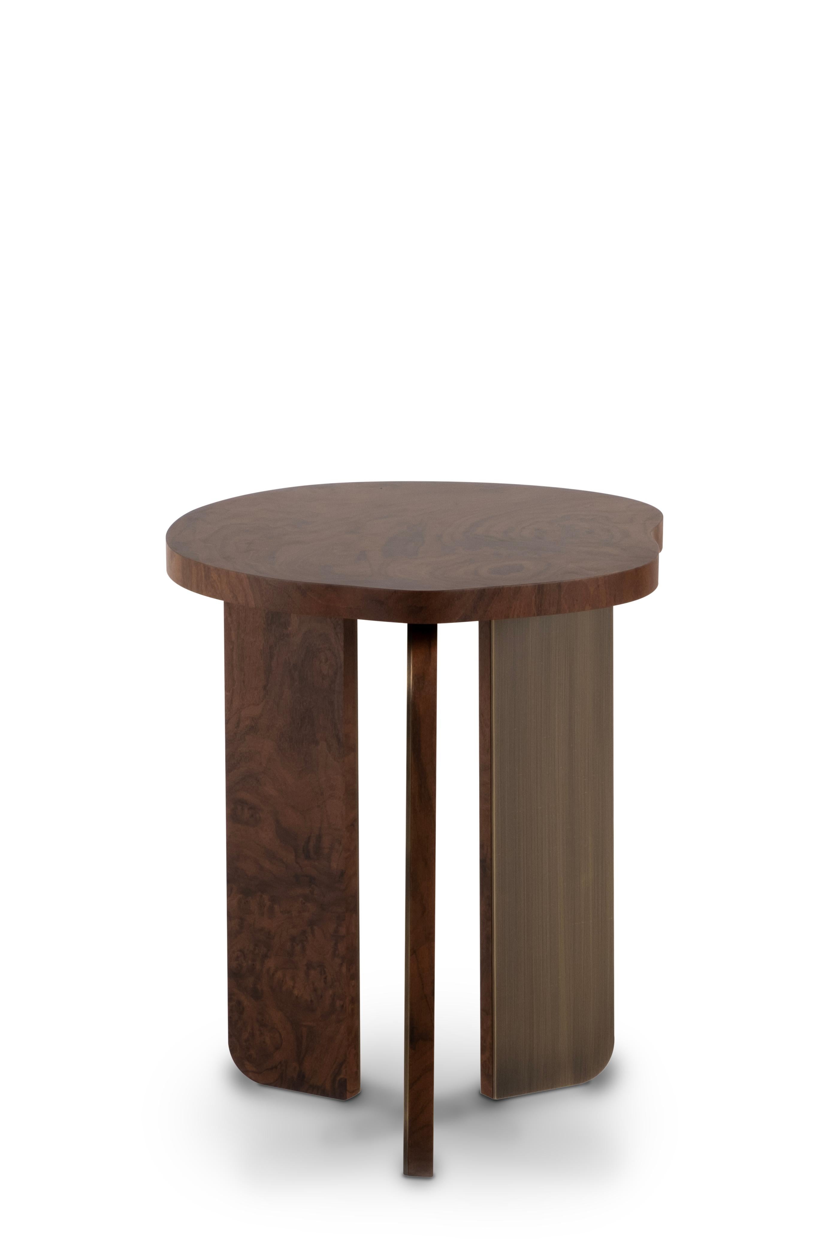 Brushed Organic Modern Dornes Side Table, Walnut Brass, Handmade Portugal by Greenapple For Sale