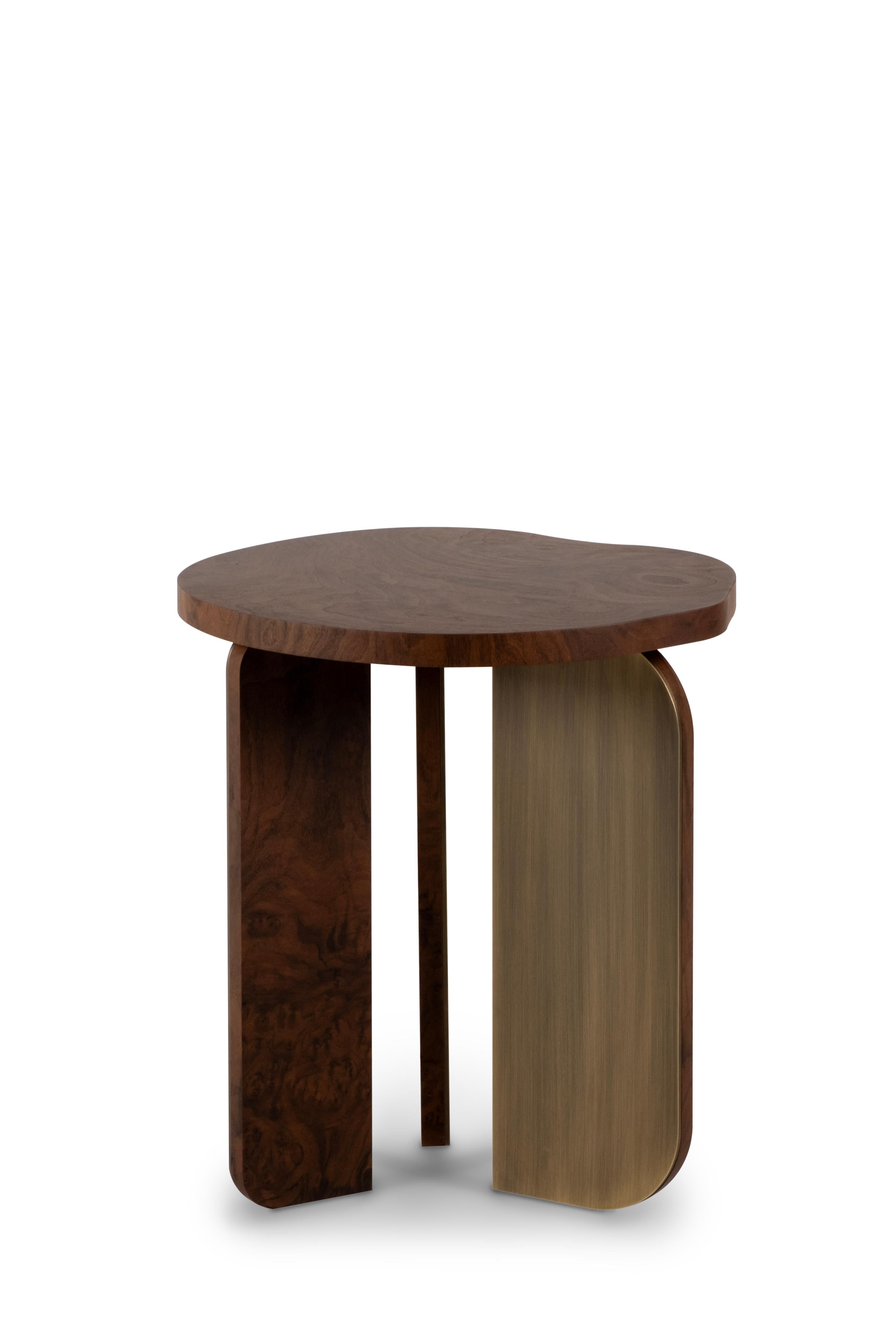 Contemporary Organic Modern Dornes Side Table, Walnut Brass, Handmade Portugal by Greenapple For Sale