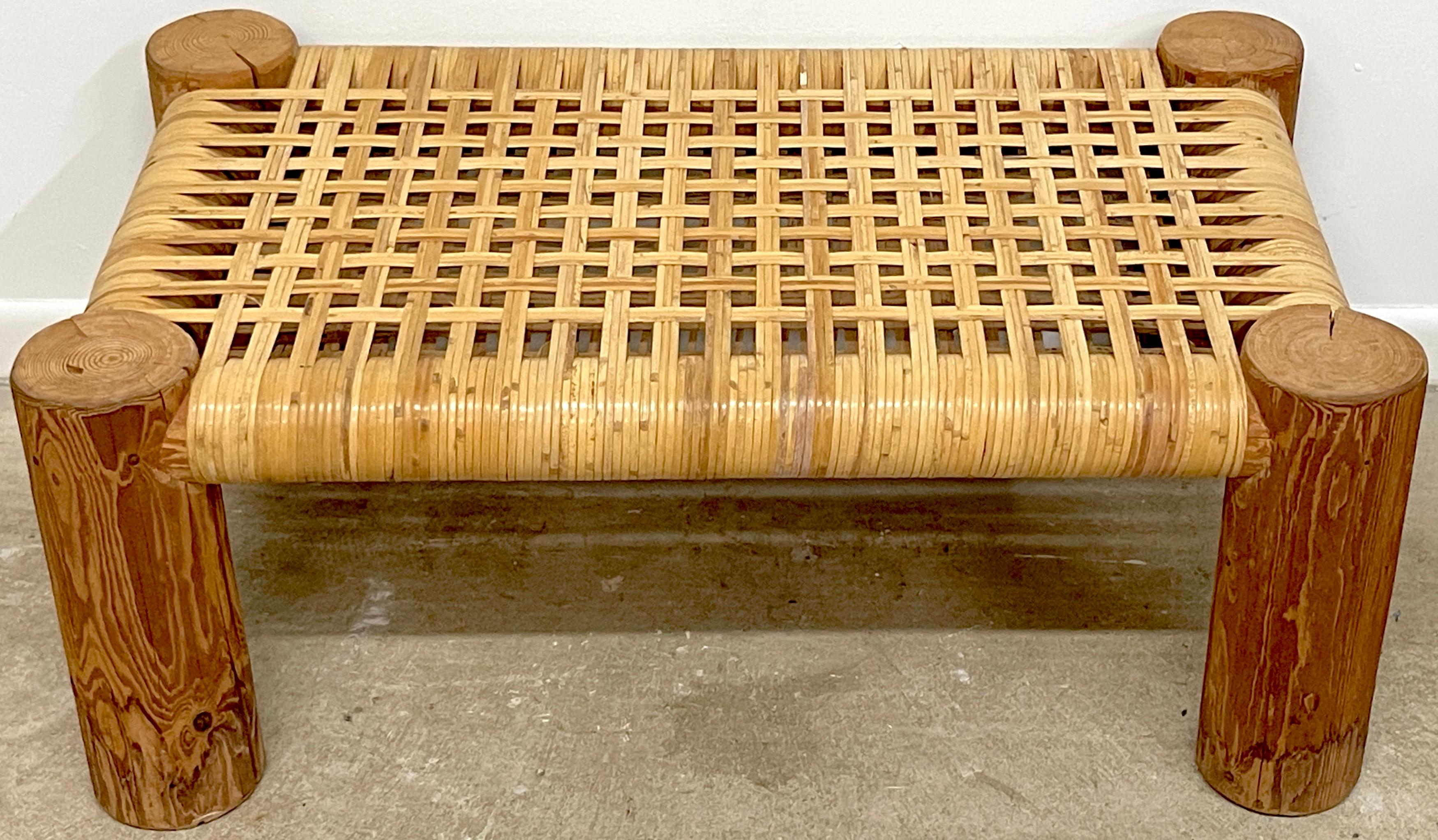Organic Modern 'Dowelwood' Woven Rattan Bench 
USA, circa 1980s

A quietly bold Organic Modern 'Dowelwood' Woven Rattan Bench, crafted in the USA circa 1980s, exudes natural allure and timeless appeal. This bench features a sleek rectangular form,