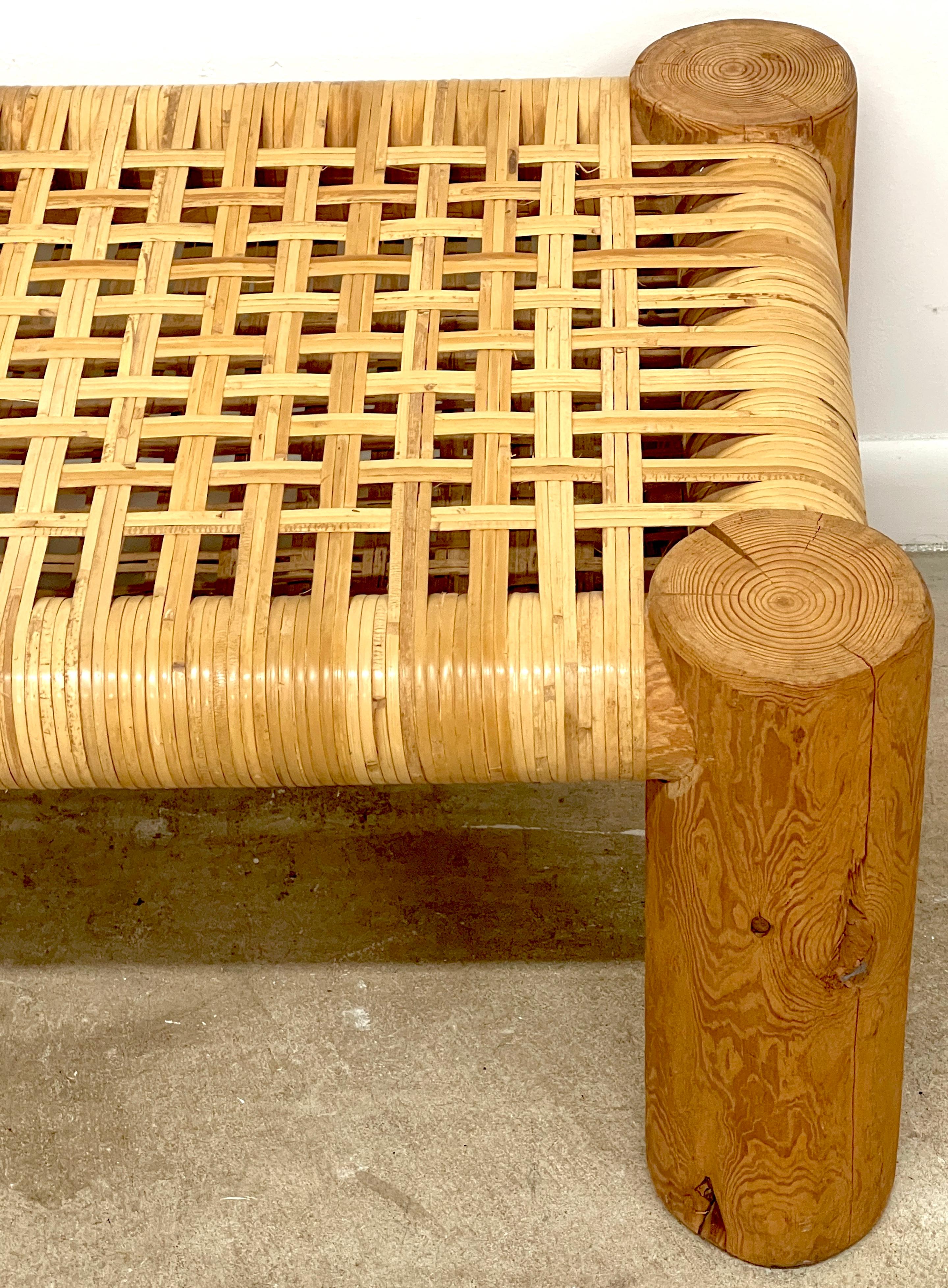 American Organic Modern 'Dowelwood' Woven Rattan Bench 