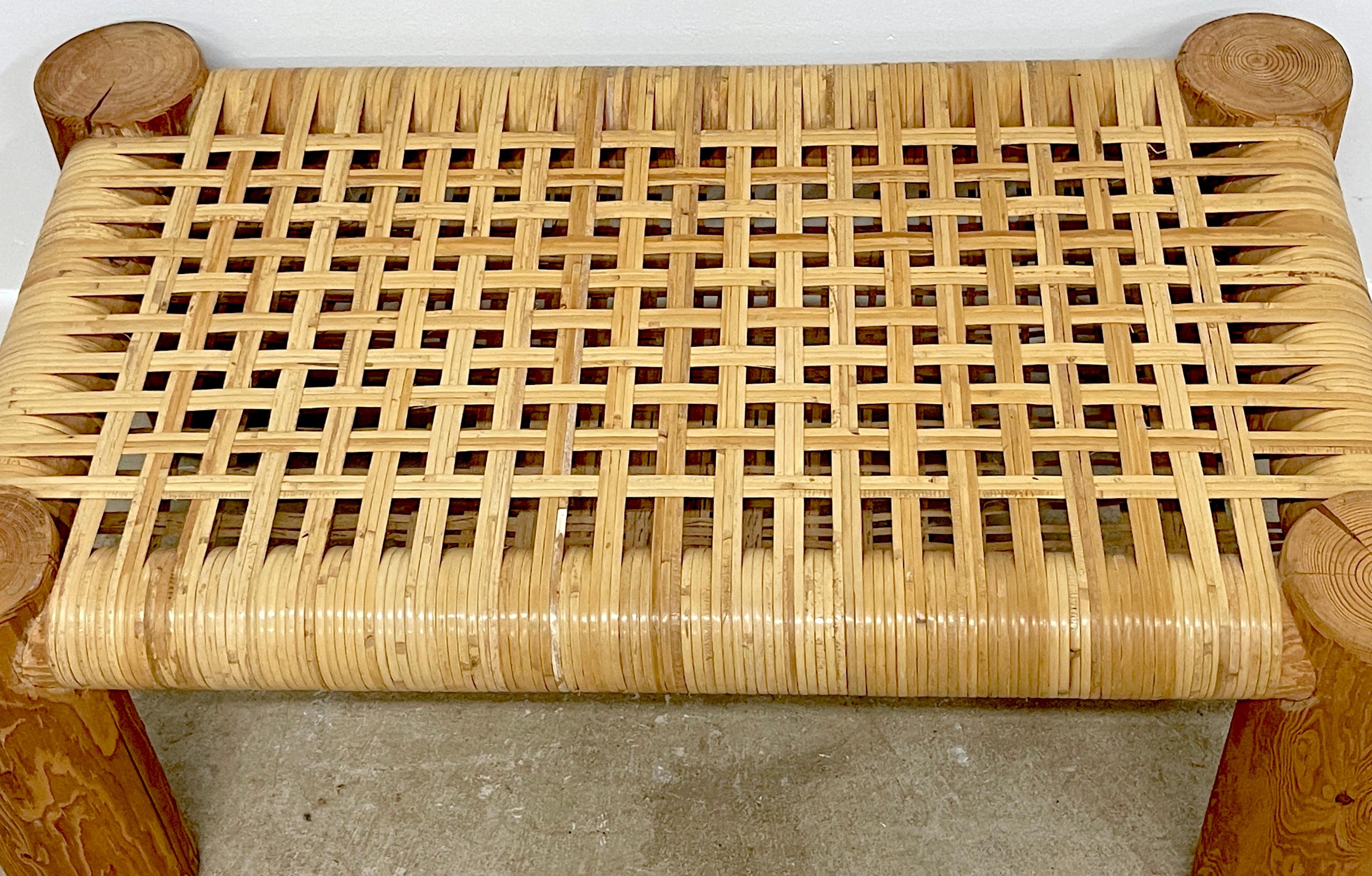 Organic Modern 'Dowelwood' Woven Rattan Bench  In Good Condition In West Palm Beach, FL