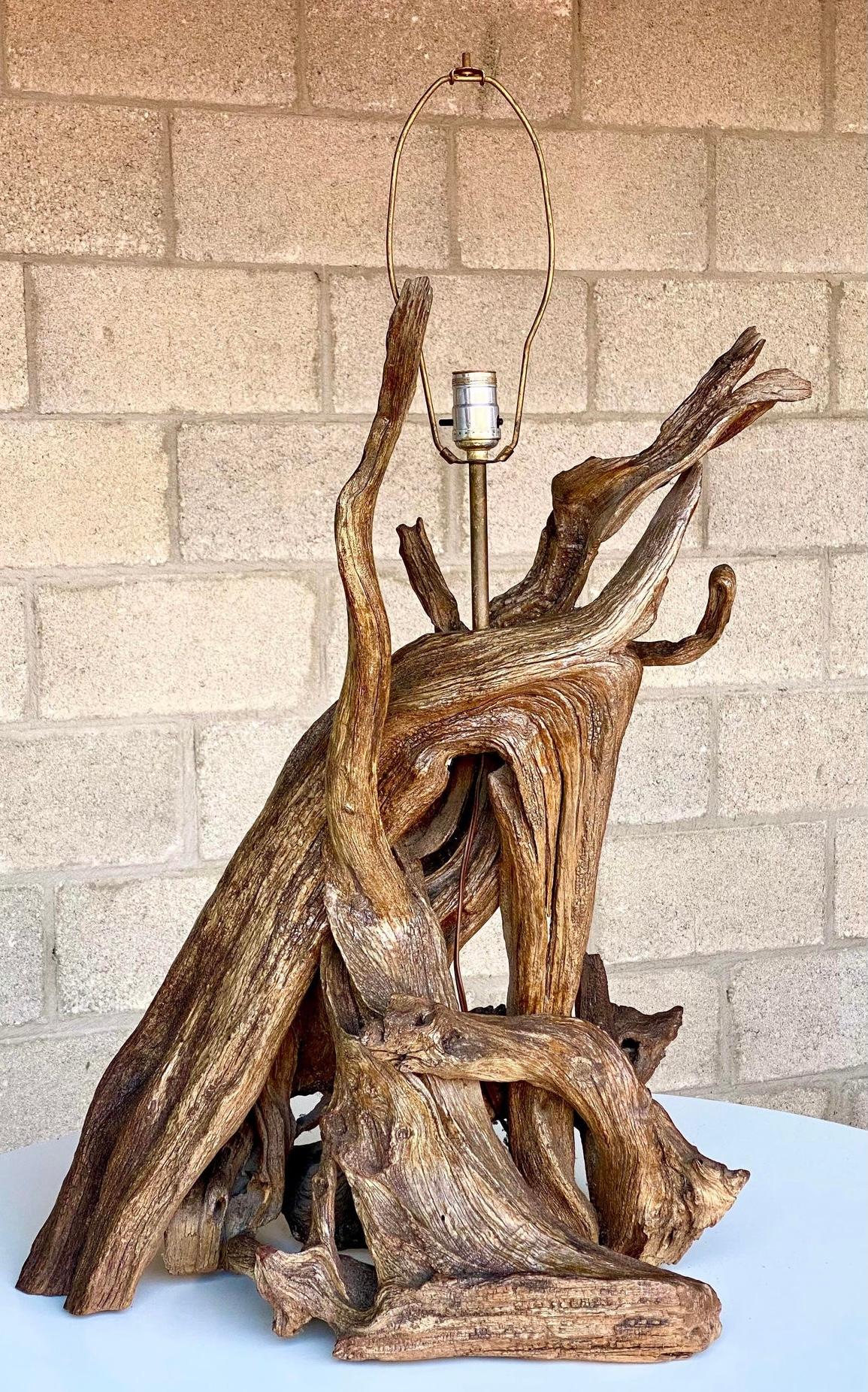 Organic Modern Monumental Vintage Boho Driftwood Table Lamp For Sale