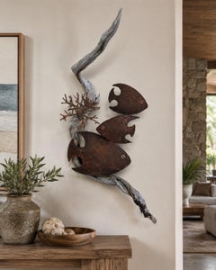 Organic Modern Driftwood & Welded Steel Tropical Fish Wall Sculpture, Brutalist