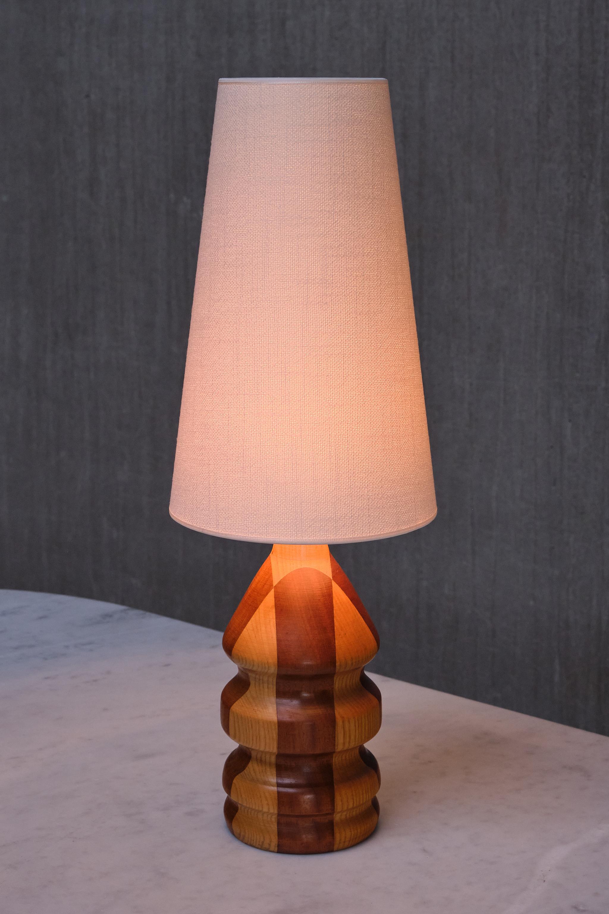 Fabric Organic Modern Dual Tone Table Lamp, Turned Oak and Teak, Denmark, 1960s For Sale
