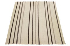 Organic Modern Flatweave Beige Wool rug With Striped Design