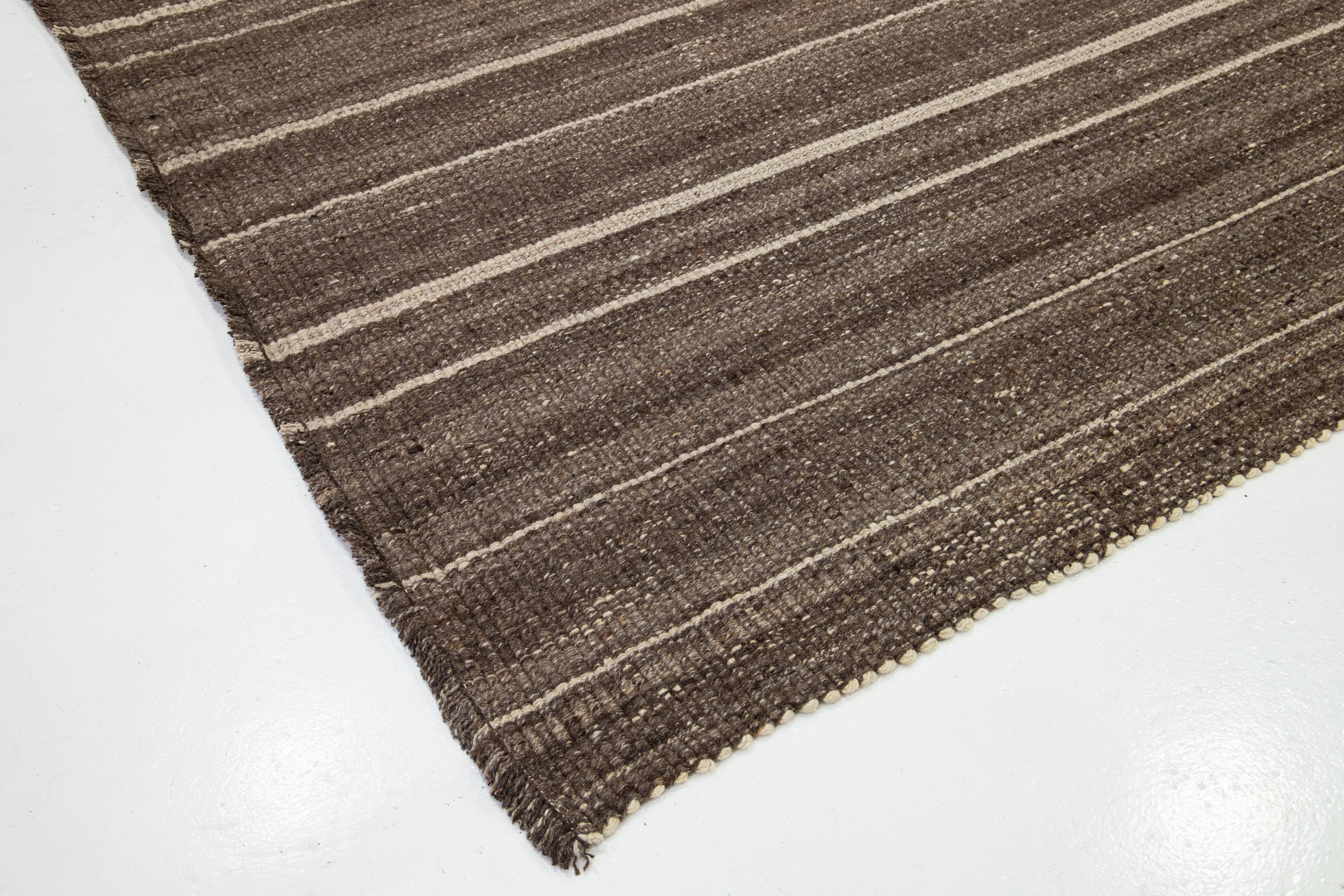 Organic Modern Flatweave Brown Wool rug With Striped Design For Sale 4