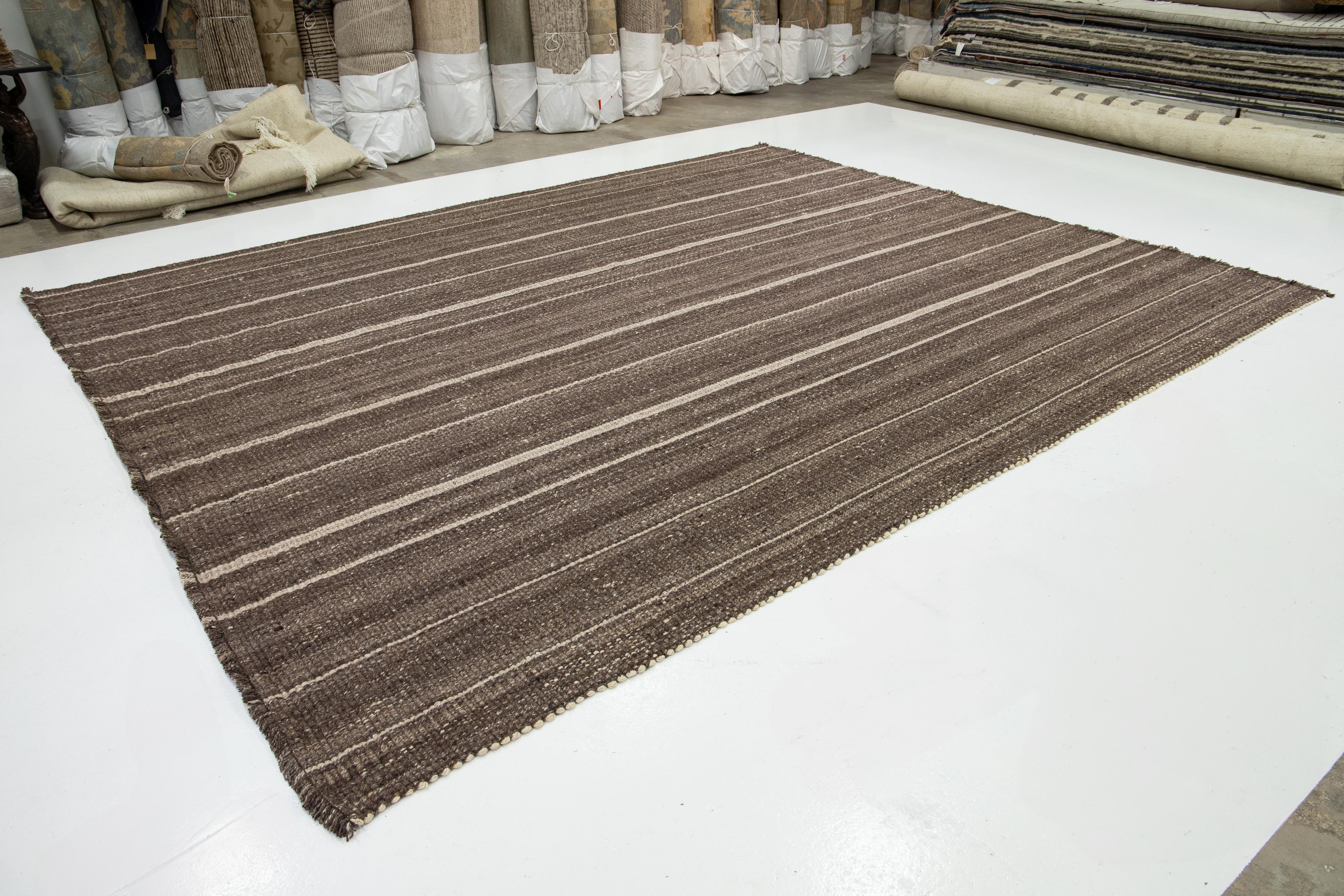 Indian Organic Modern Flatweave Brown Wool rug With Striped Design For Sale