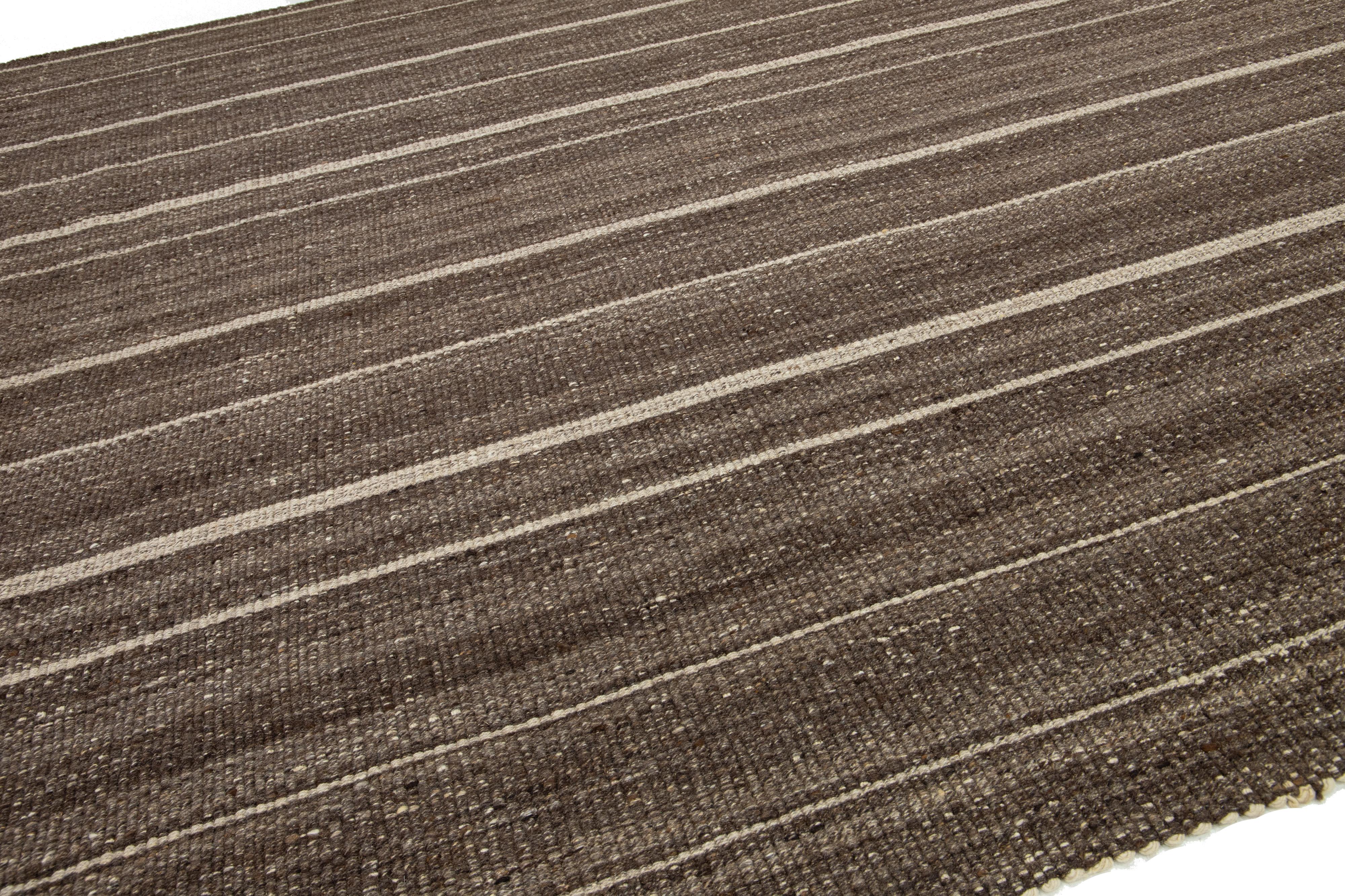 Hand-Knotted Organic Modern Flatweave Brown Wool rug With Striped Design For Sale