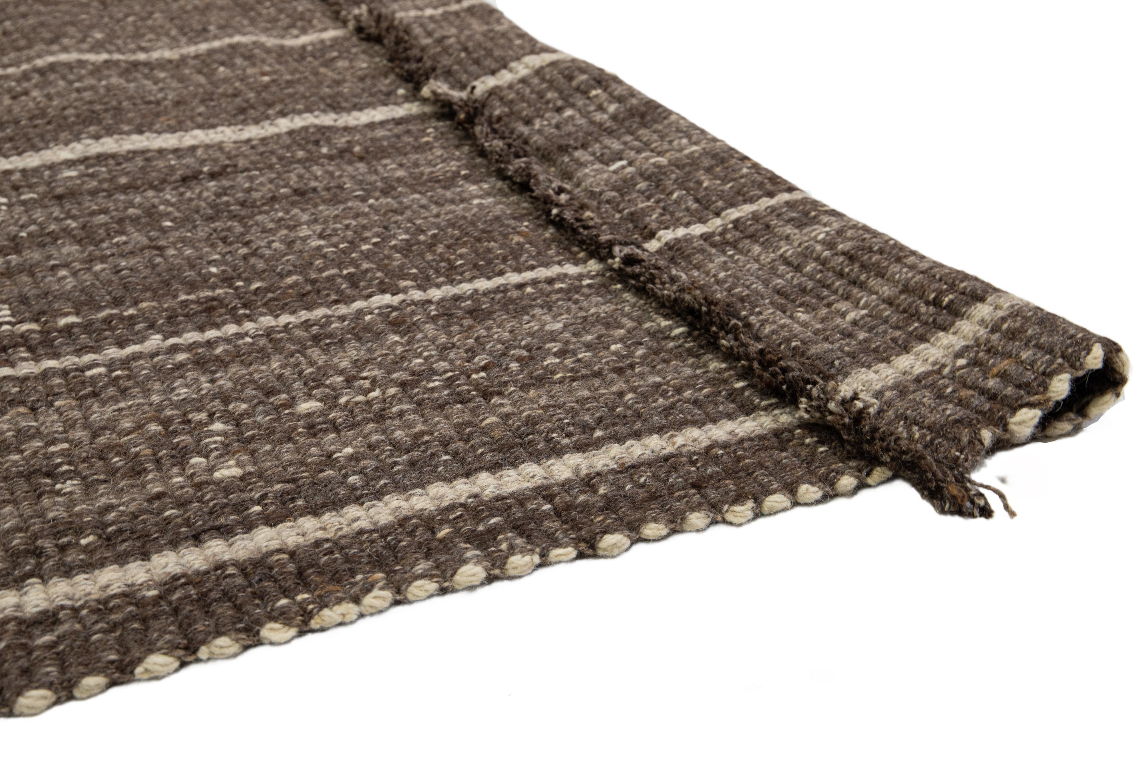 Organic Modern Flatweave Brown Wool rug With Striped Design In New Condition For Sale In Norwalk, CT
