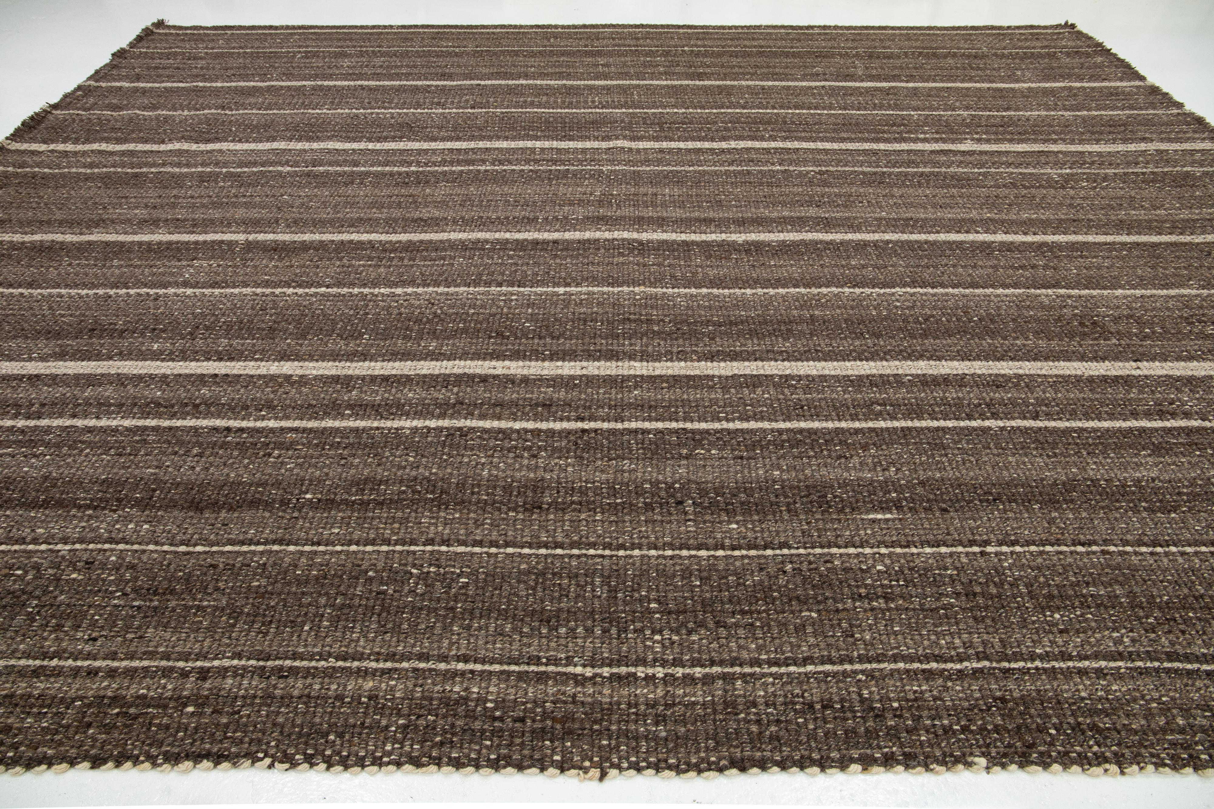 Contemporary Organic Modern Flatweave Brown Wool rug With Striped Design For Sale