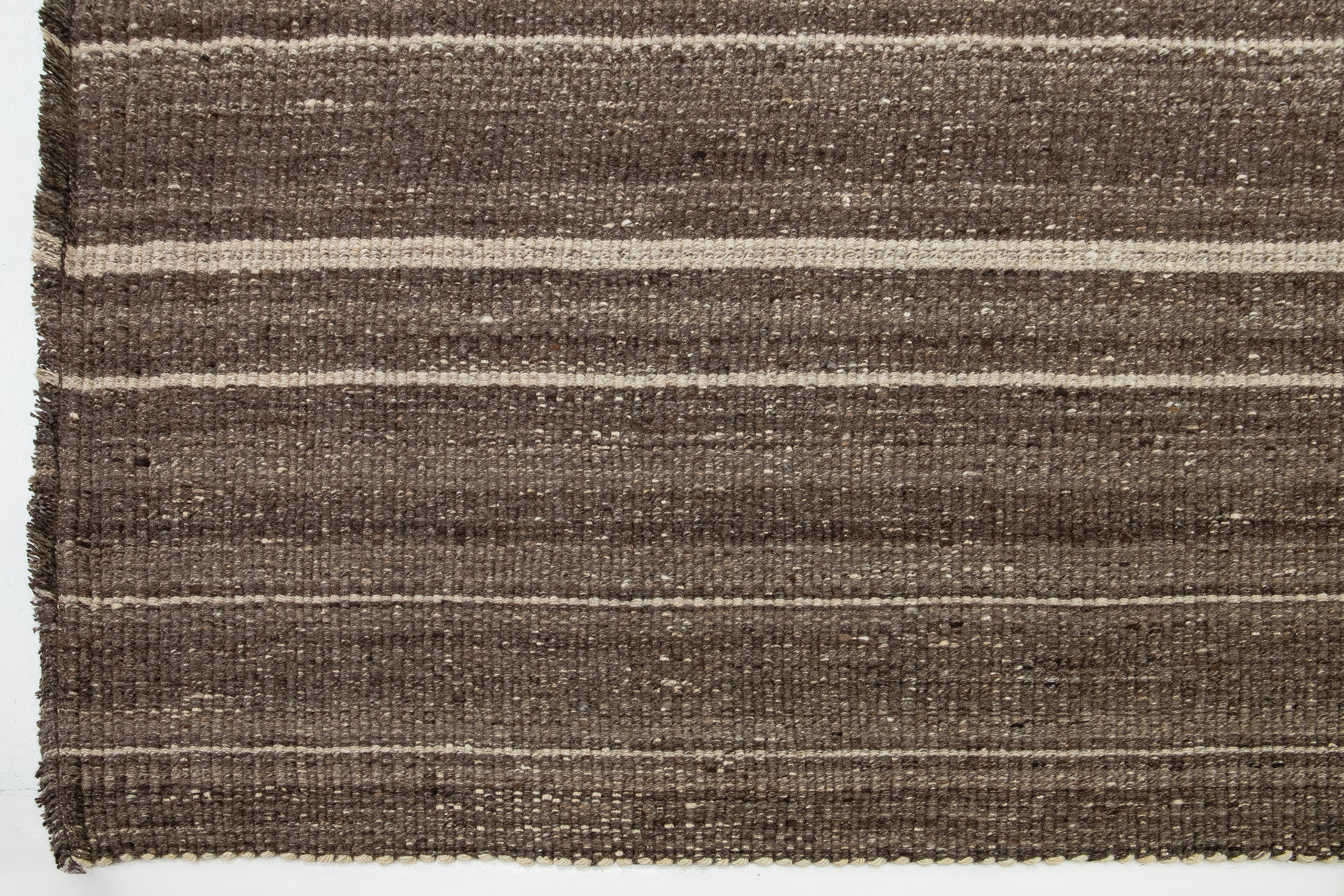 Organic Modern Flatweave Brown Wool rug With Striped Design For Sale 1