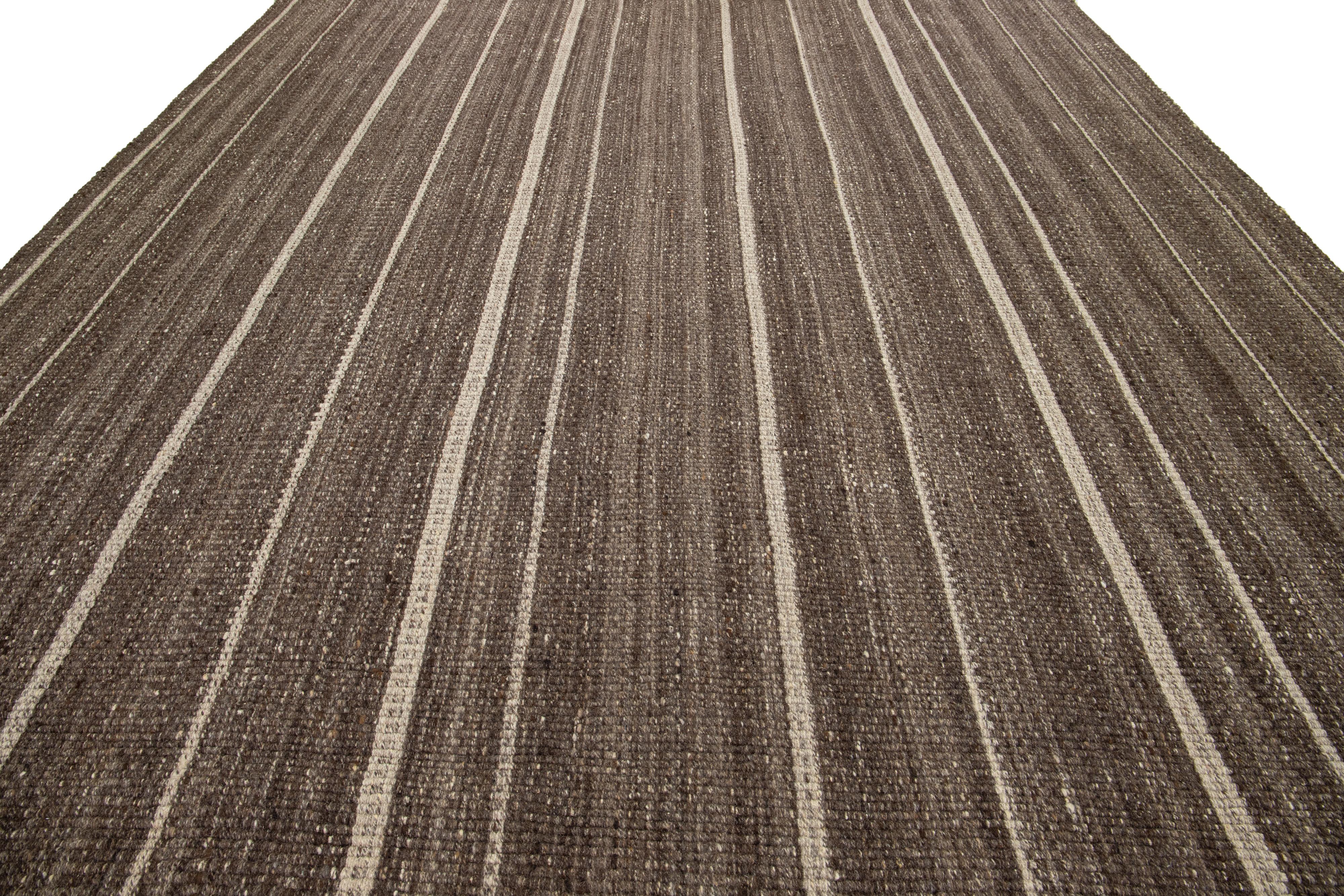 Organic Modern Flatweave Brown Wool rug With Striped Design For Sale 2