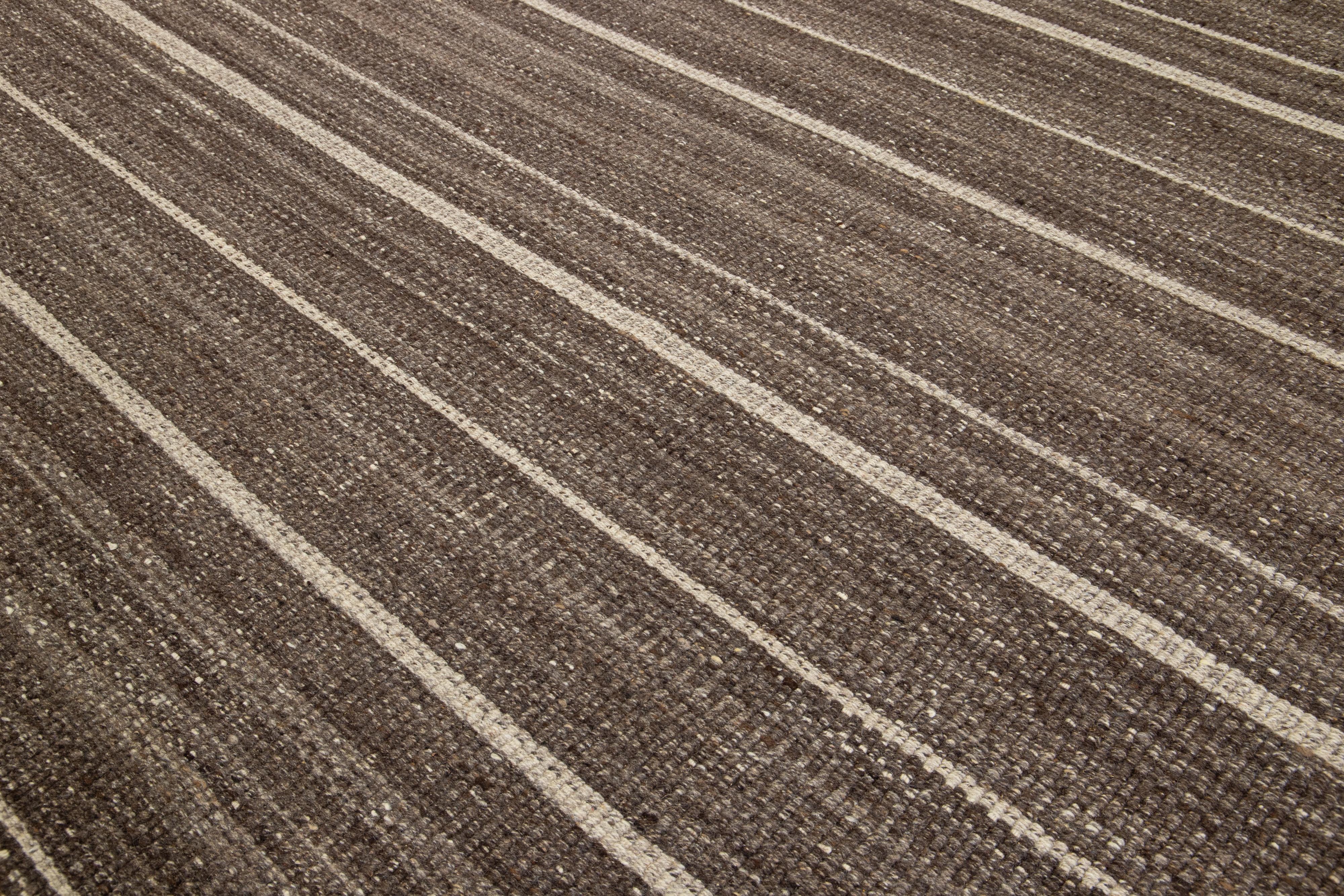 Organic Modern Flatweave Brown Wool rug With Striped Design For Sale 3