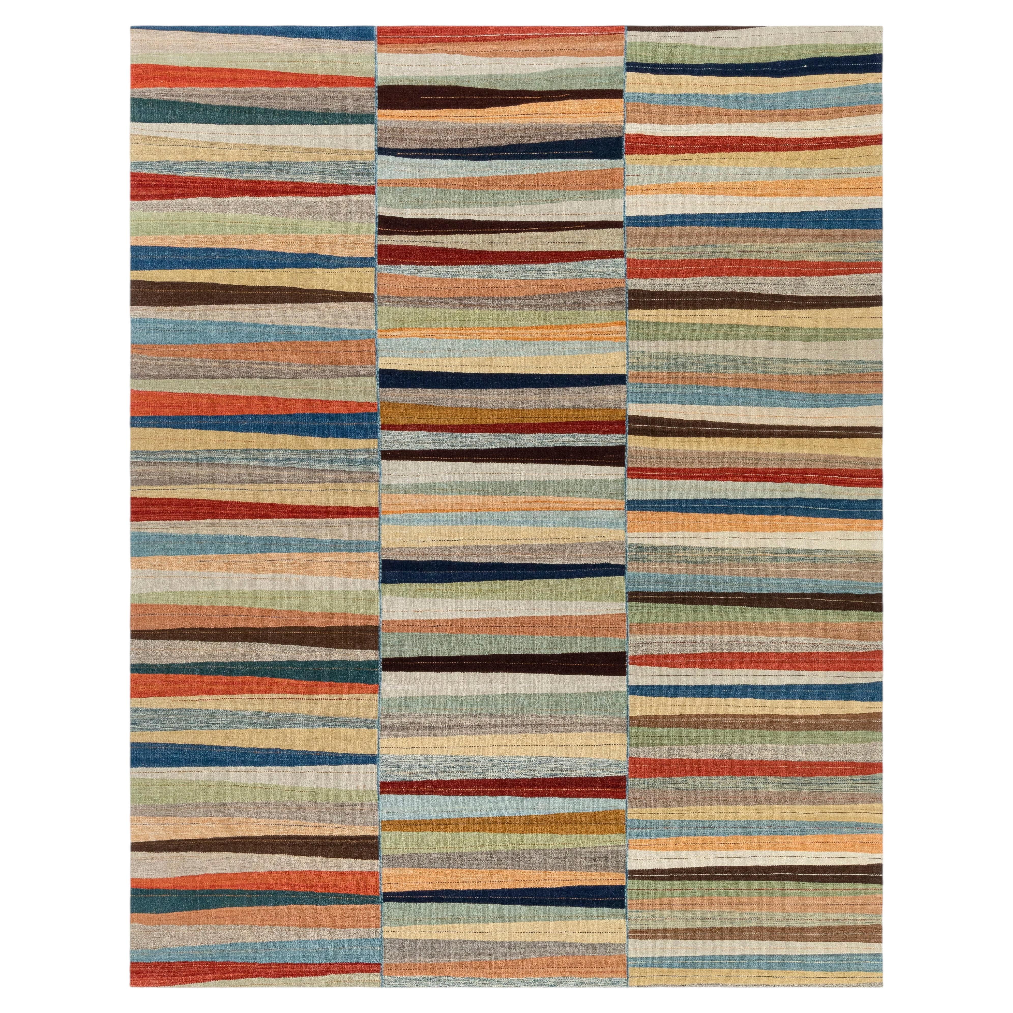 Organic Modern Flatweave Rug with Painterly Stripes in Natural Wool For Sale