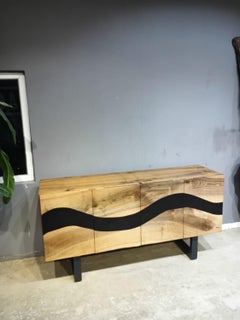Organic Modern Four-Door Buffet  Flowing Black Epoxy and Natural Wood