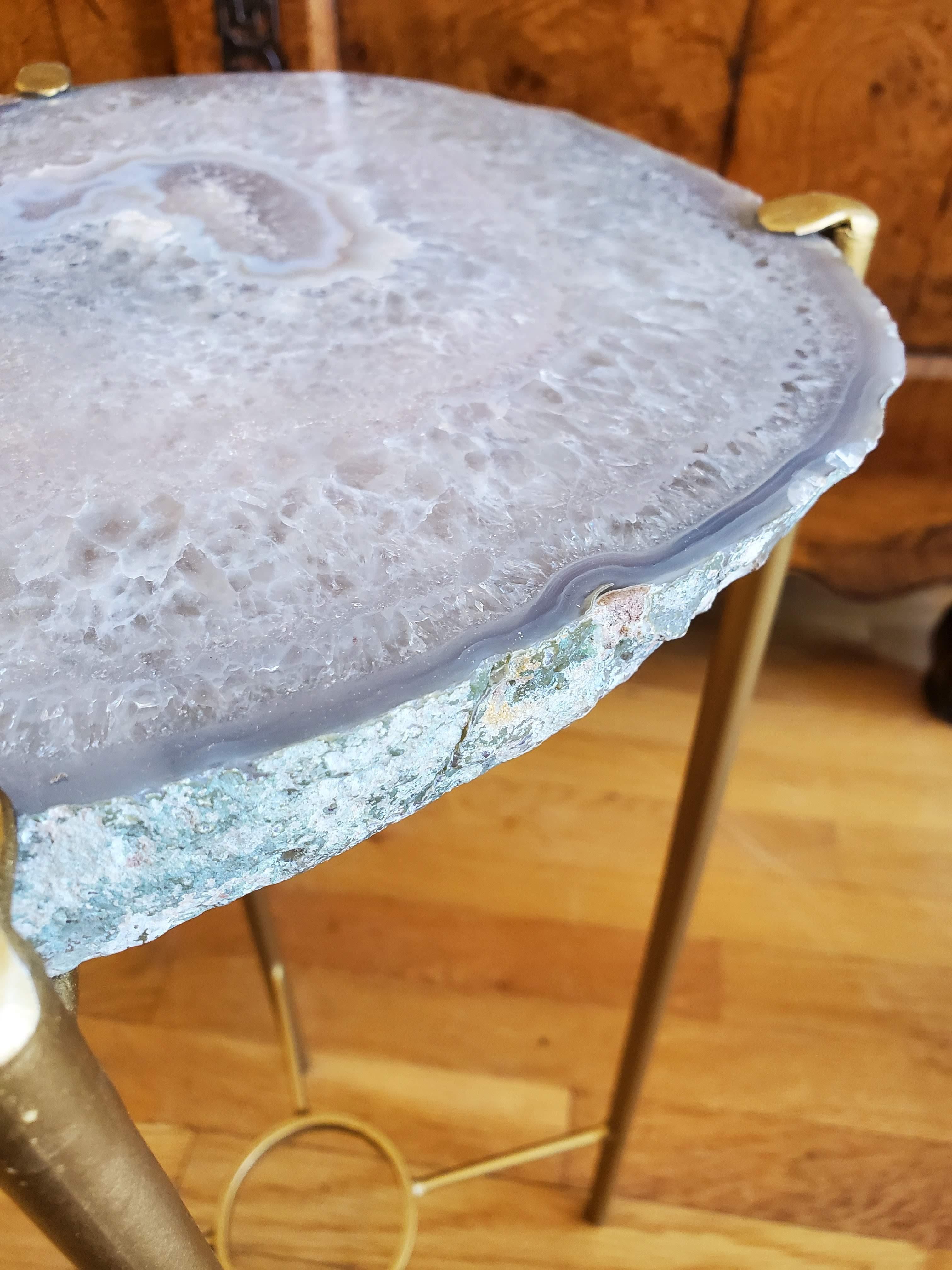 Steel Organic Modern Gray and White Geode Drink Table with Gold Gilt Base