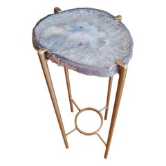 Organic Modern Gray White and Tan Geode Drink Table with Gold Gilt Base