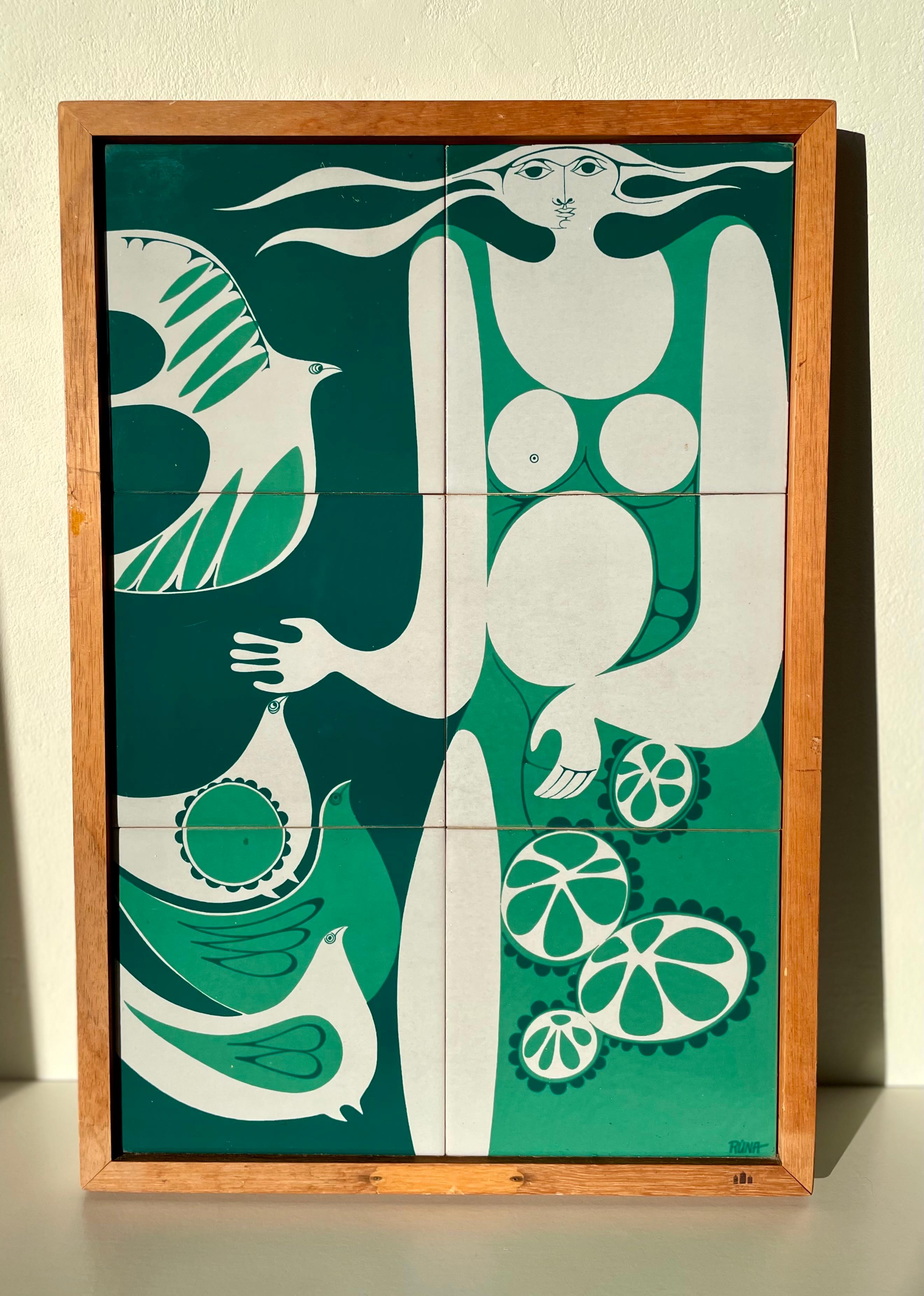 Exceptional Danish Mid-Century Modern piece of ceramic artistry. Handmade wall plaque made of six glazed tiles (each 15x15 cm) in white, dark pine and forest green colors, all handpainted with soft, organic, geometric shapes to depict four birds and