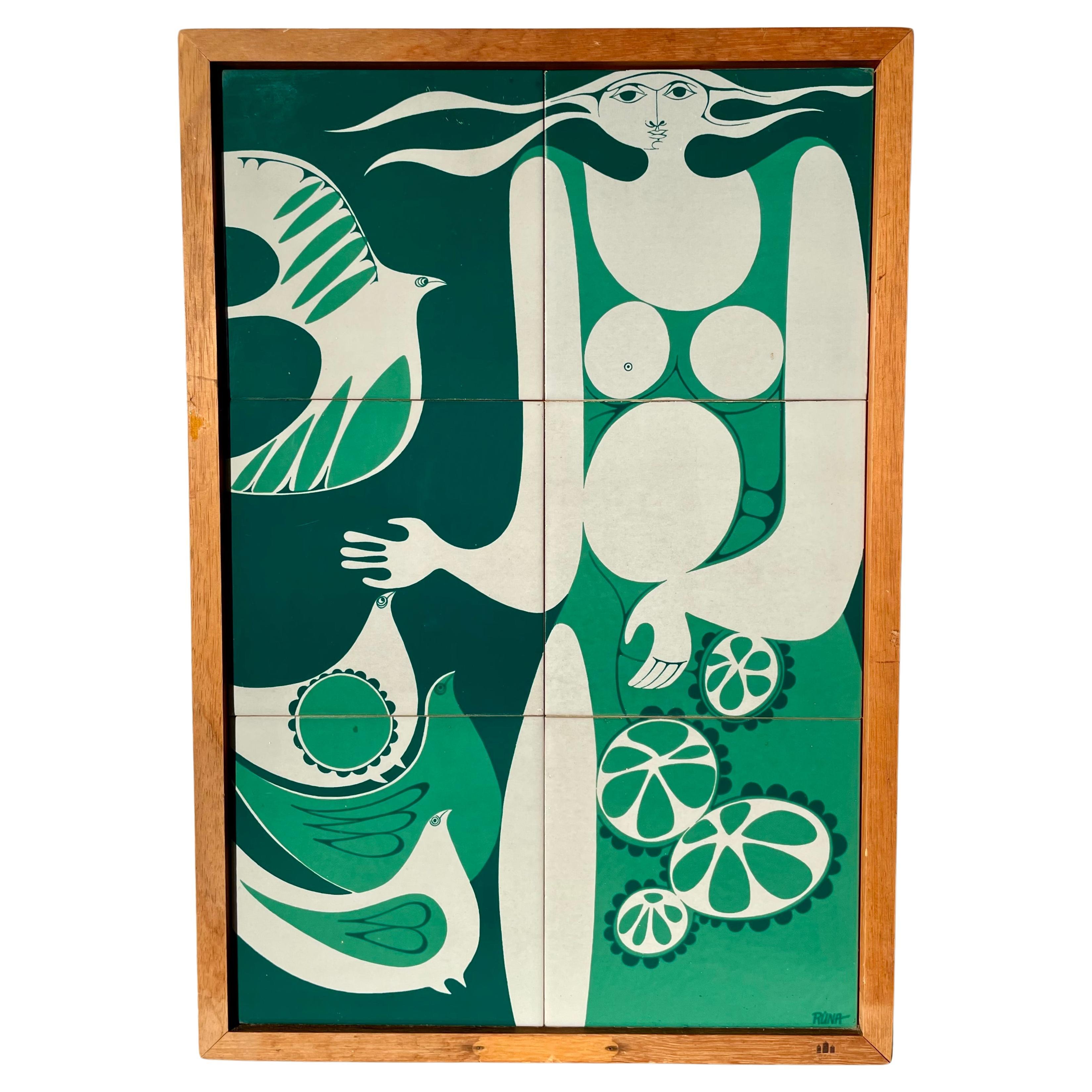 Bing & Grondahl Pieza de arte mural modernista de azulejos verdes, años 60