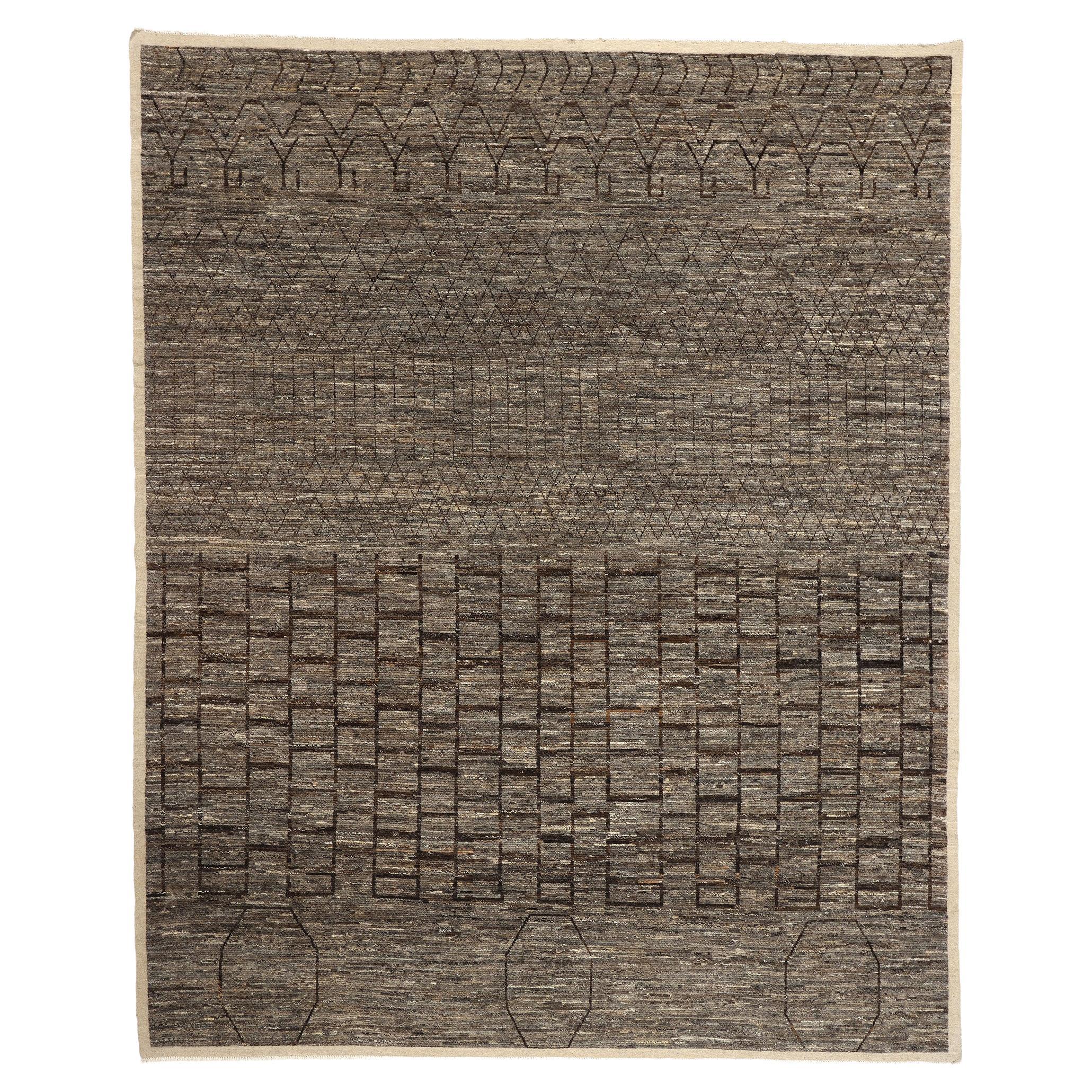 Organic Modern Grey and Brown Moroccan Brutalist Rug For Sale