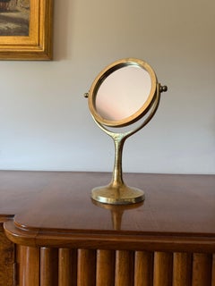 Organic modern hammered brass table mirror / vanity, France, 1960s