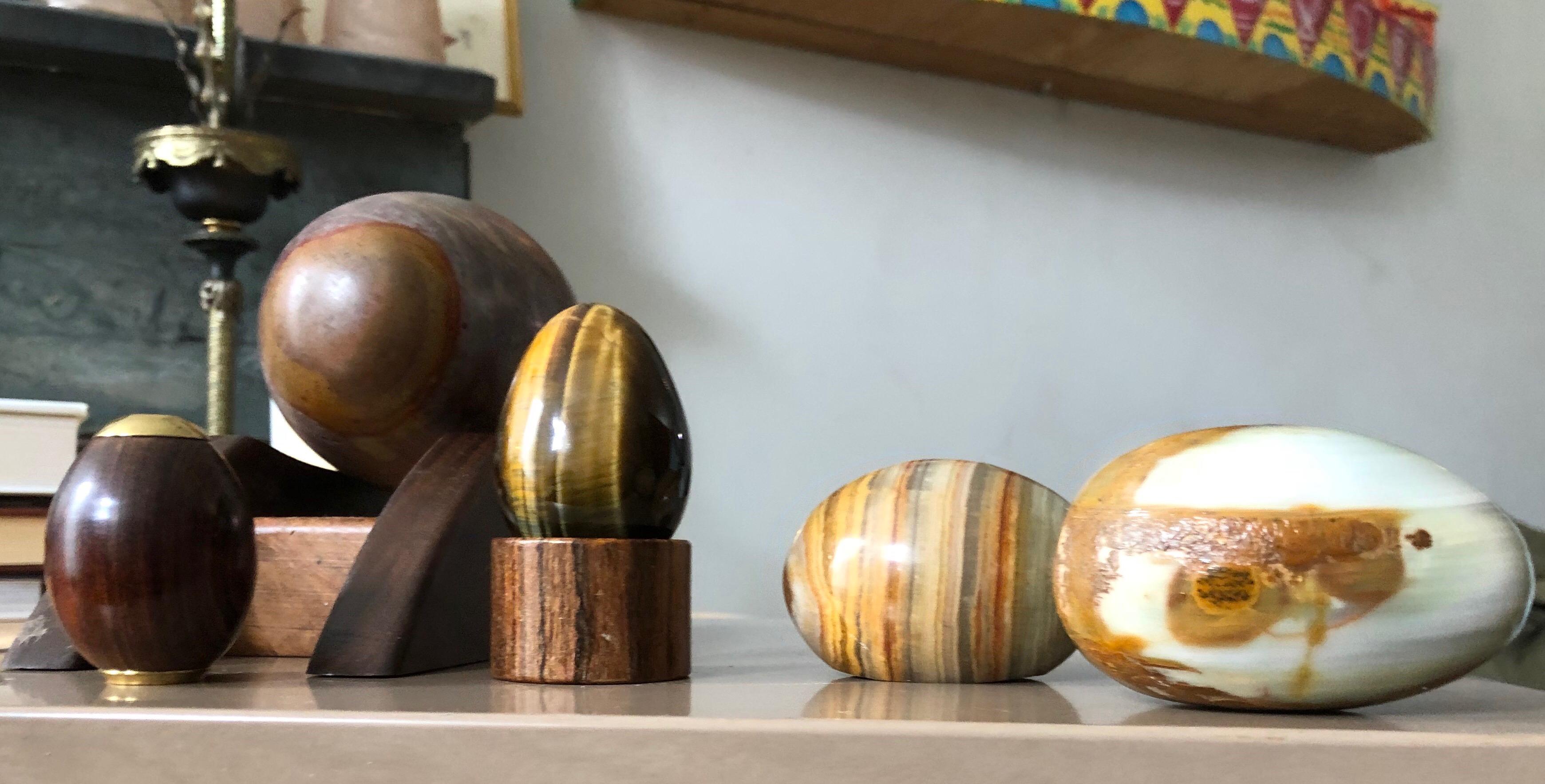 Organic Modern Hand Carved and Burnished Stone and Wood Egg and Holster Set In Good Condition In Brooklyn, NY