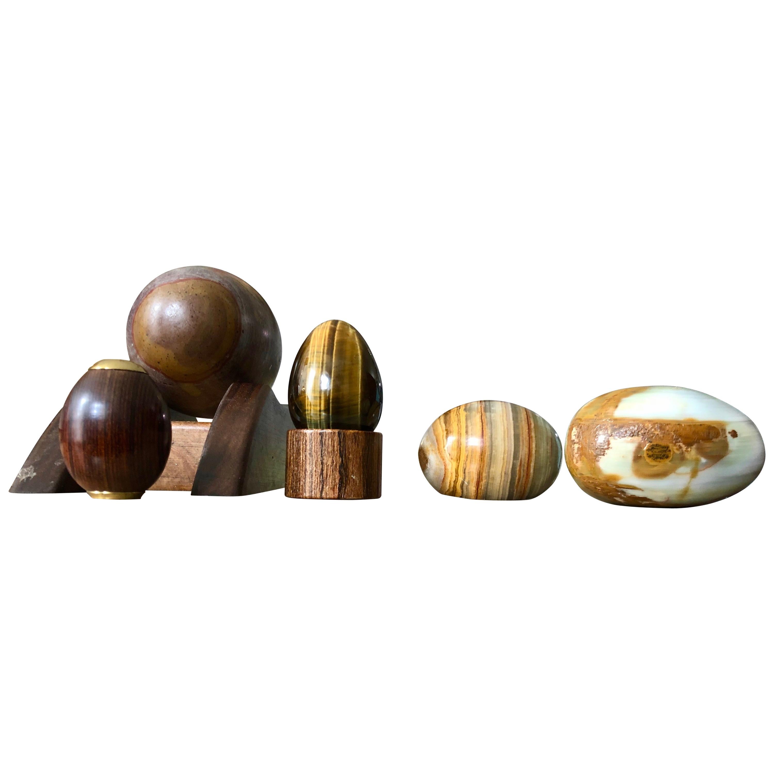 Organic Modern Hand Carved and Burnished Stone and Wood Egg and Holster Set