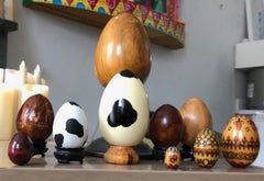 Organic Modern Hand Carved & Painted Wood & Porcelain Decorative Egg Display Set
