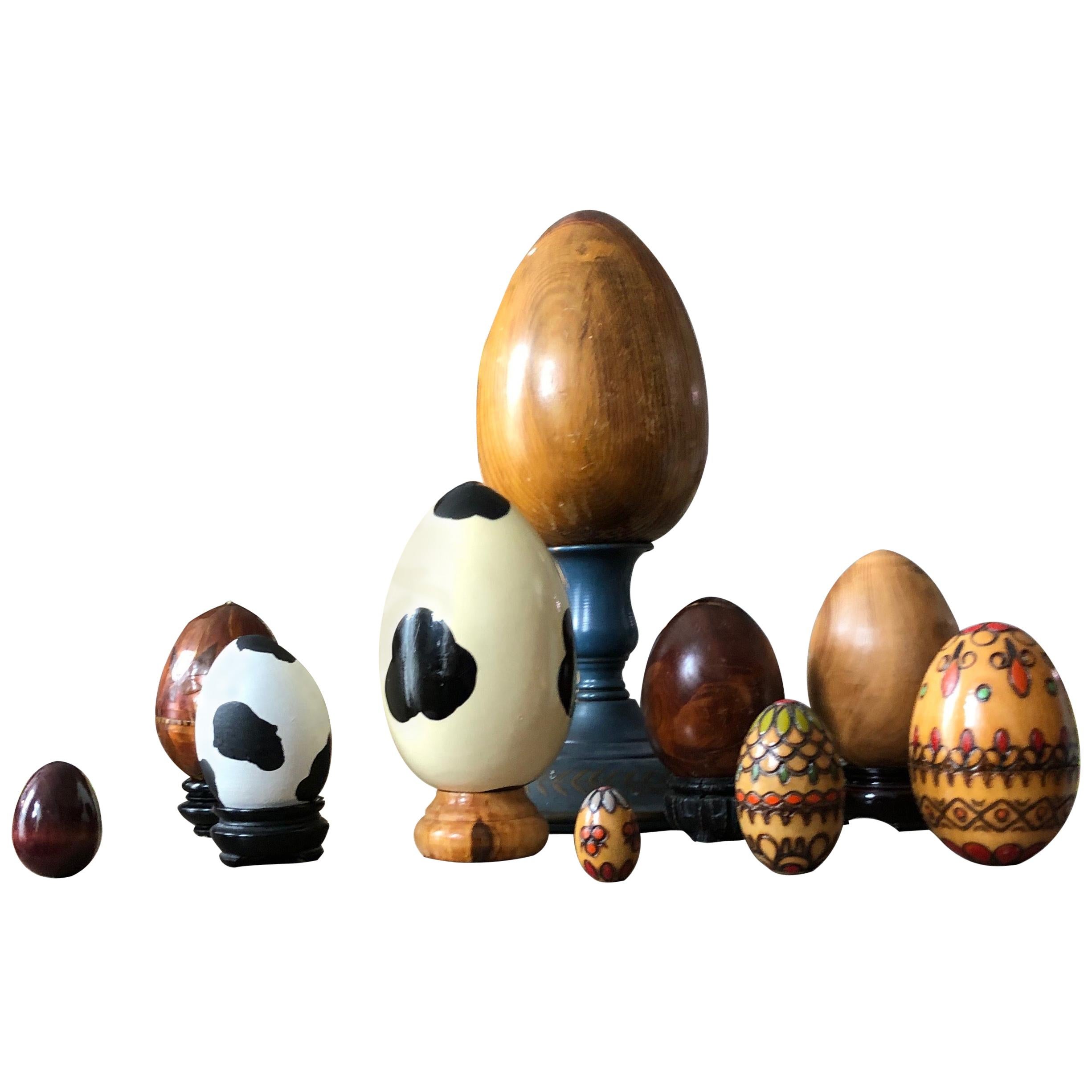 Organic Modern Hand Carved & Painted Wood & Porcelain Decorative Egg Display Set For Sale
