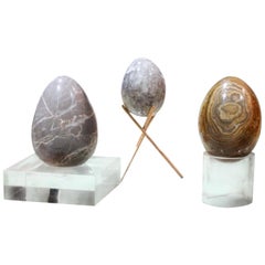 Organic Modern Hand Carved Stone Egg Sculptural Set with Brass and Lucite Bases