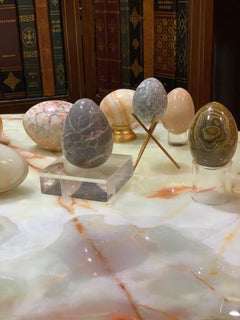 Organic Modern Hand Carved Stone Egg Sculptural Set with Brass and Lucite Bases